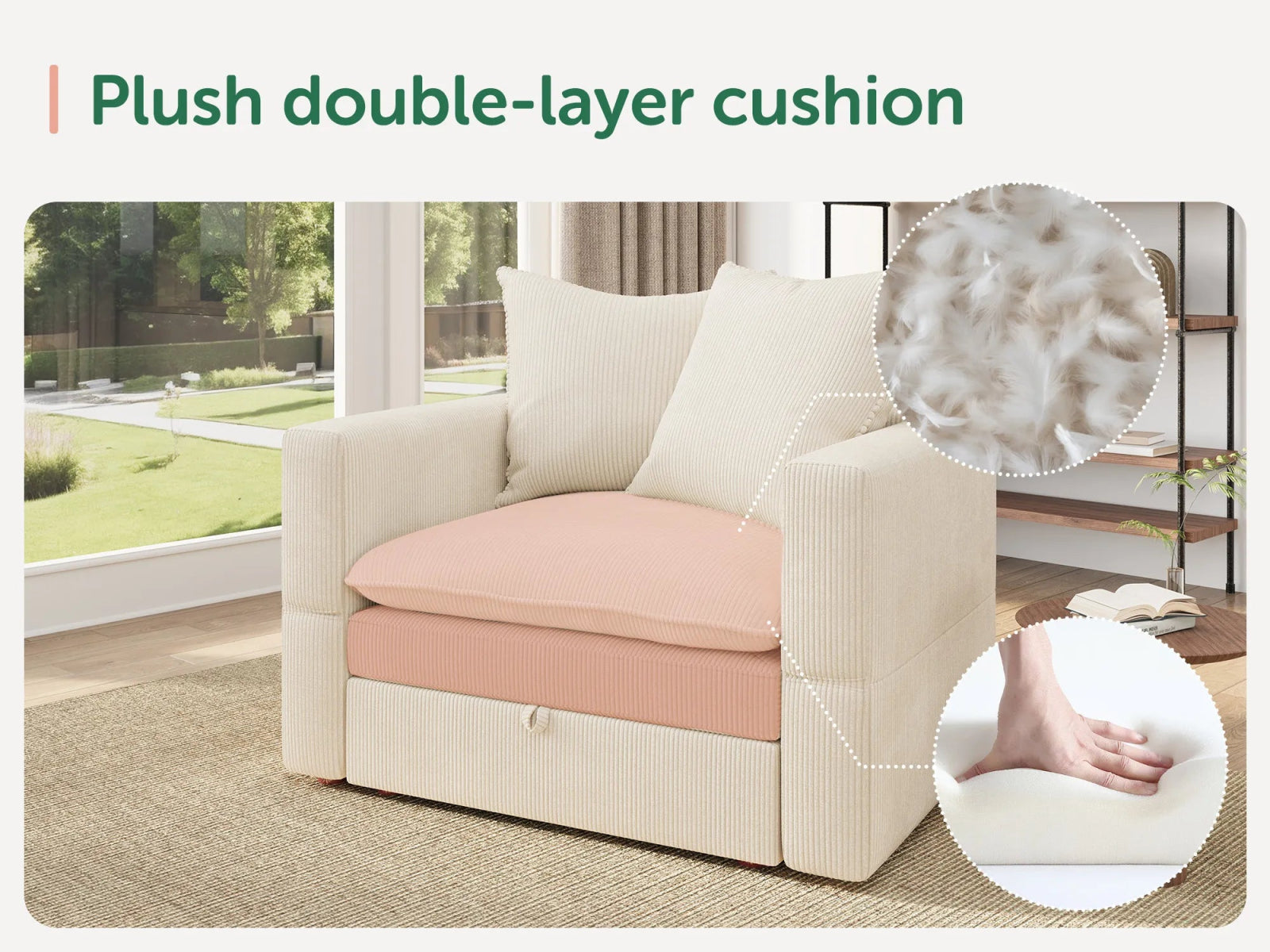 HONBAY Plush Double-Layer Cushion Corduroy Modular Armchair
#Color_Corduroy Beige