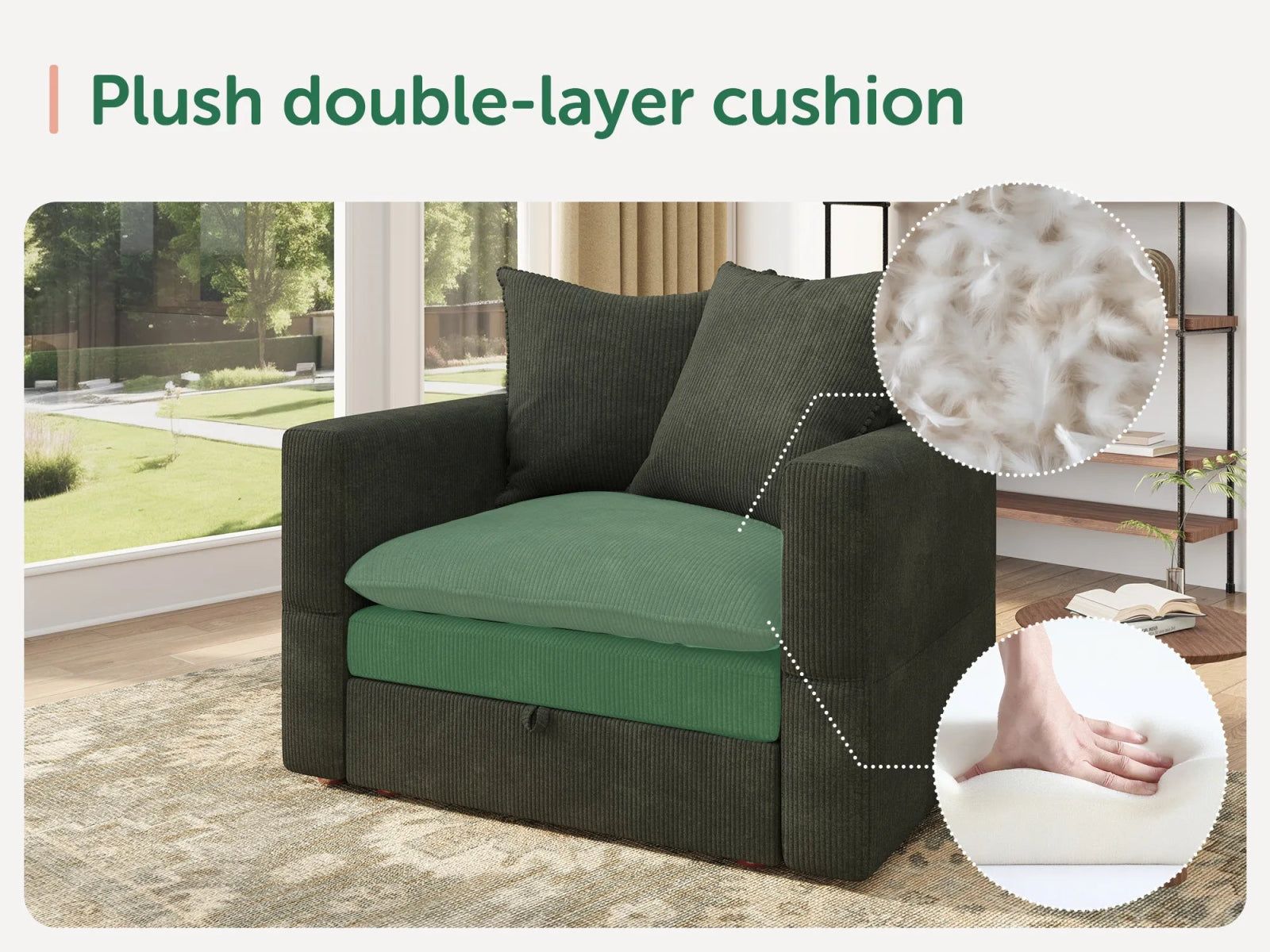 HONBAY Plush Double-Layer Cushion Corduroy Modular Armchair
#Color_Corduroy Green