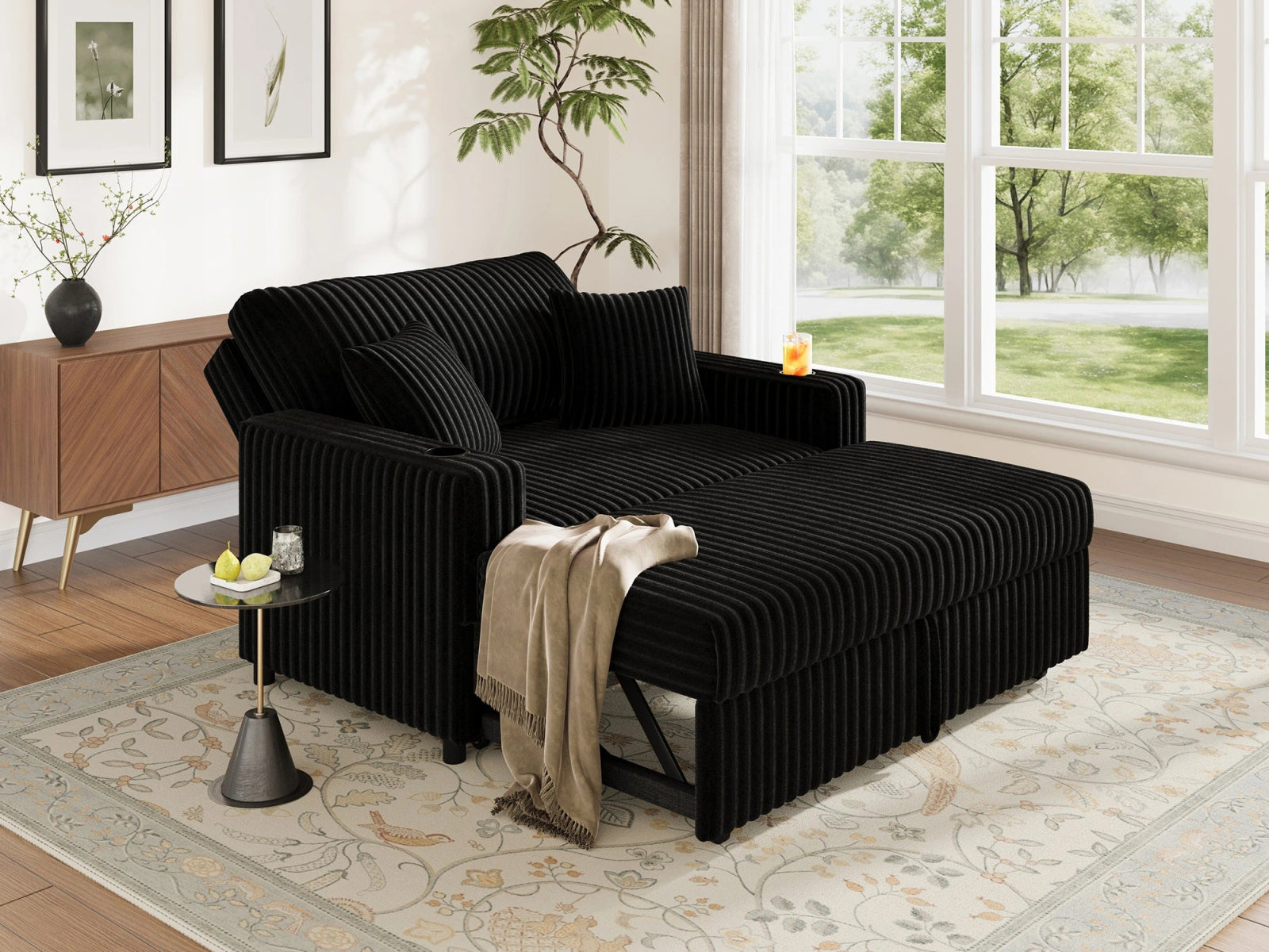 Wide Plush Corduroy Pull-out Sleeper Loveseat 
#Color_Corduroy Black