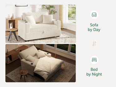 Wide Plush Corduroy Pull-out Sleeper Loveseat 
#Color_Corduroy White