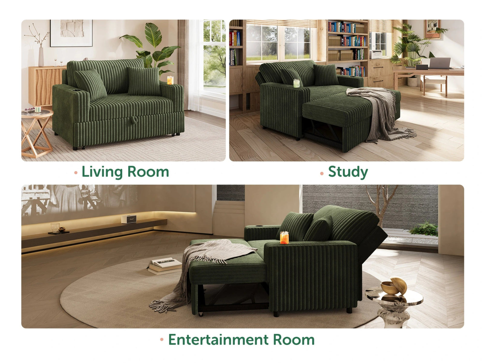Wide Plush Corduroy Pull-out Sleeper Loveseat 
#Color_Corduroy Green