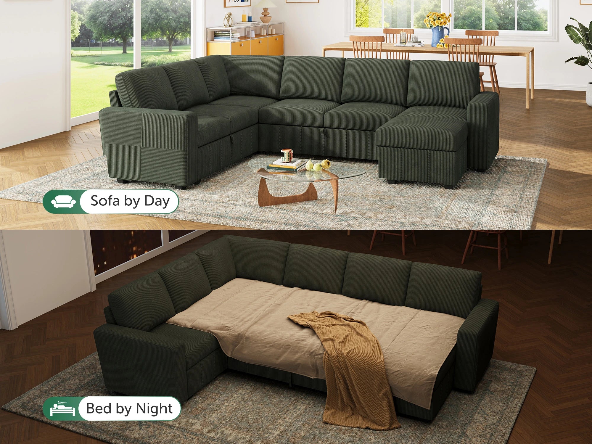 HONBAY 7-Piece Oversized Corduroy Pull-Out Sleeper Sectional Sofa with Storage & Block Arm