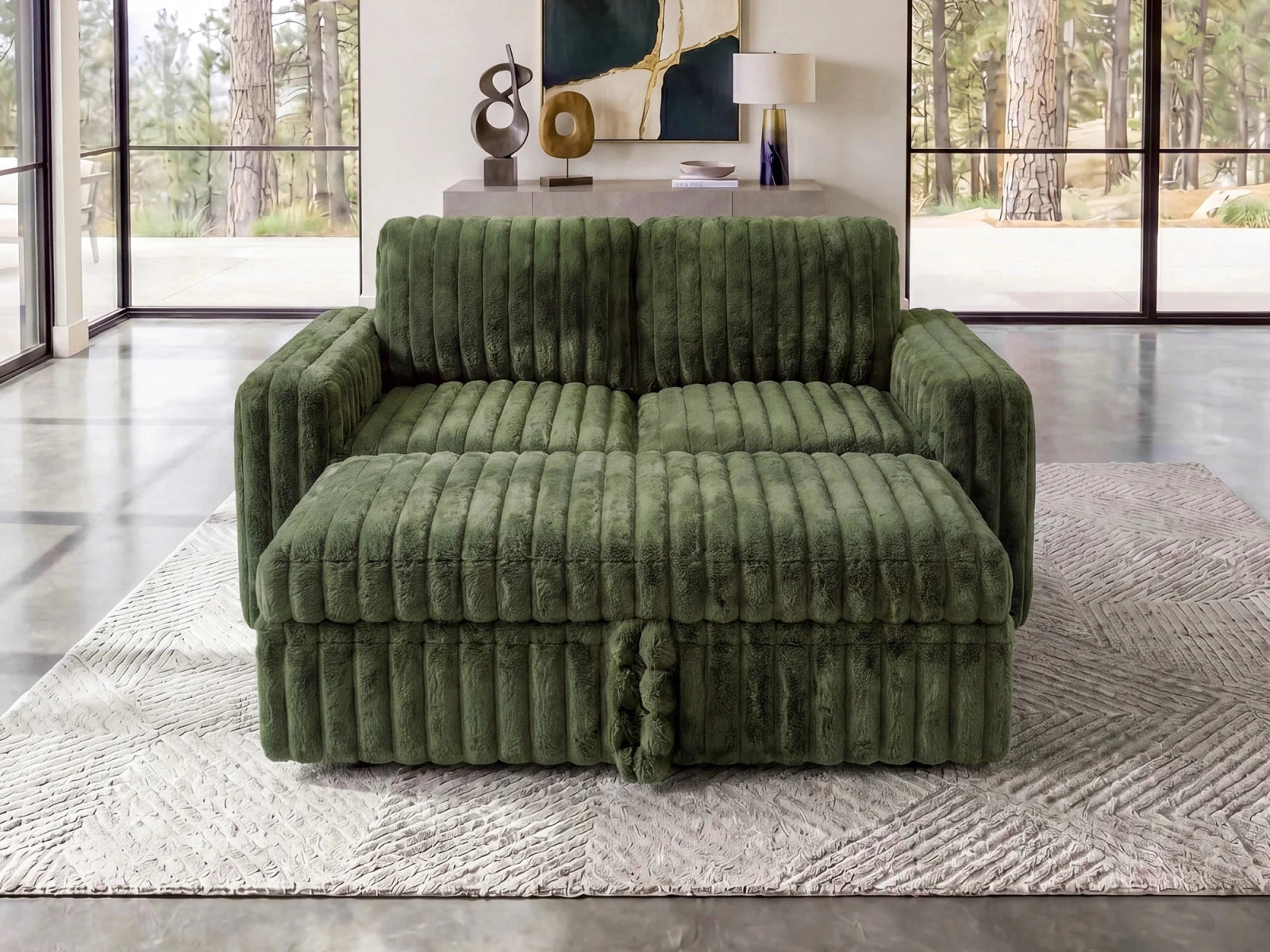 2-Piece Wide Plush Corduroy Modular Sleeper
#Color_Faux Rabbit Fur Green 
#Hover