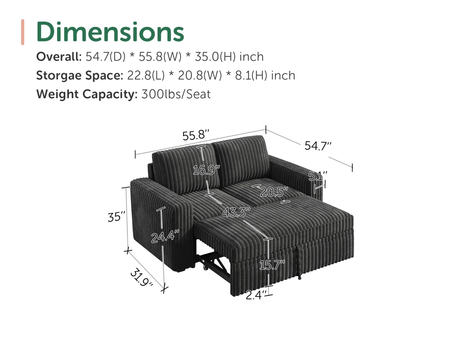 2-Piece Wide Plush Corduroy Modular Sleeper
 #Color_Gray