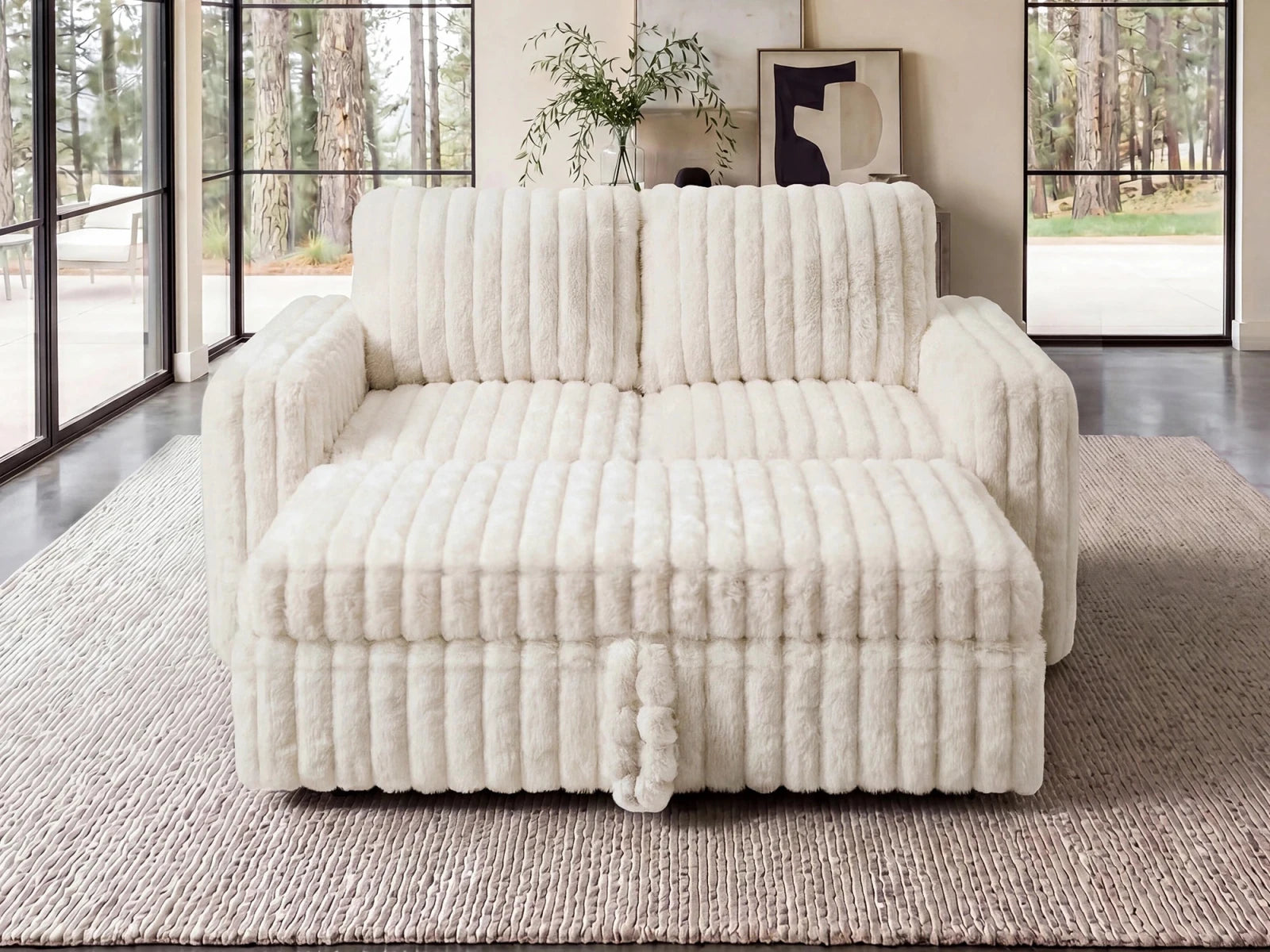 2-Piece Wide Plush Corduroy Modular Sleeper
 #Color_Faux Rabbit Fur Ivory
#Hover