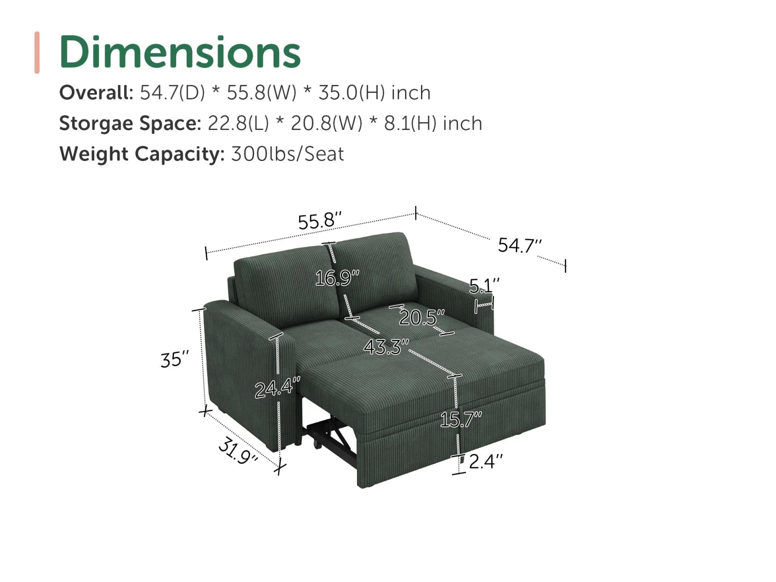 2-Piece Wide Plush Corduroy Modular Sleeper
 #Color_Corduroy Green