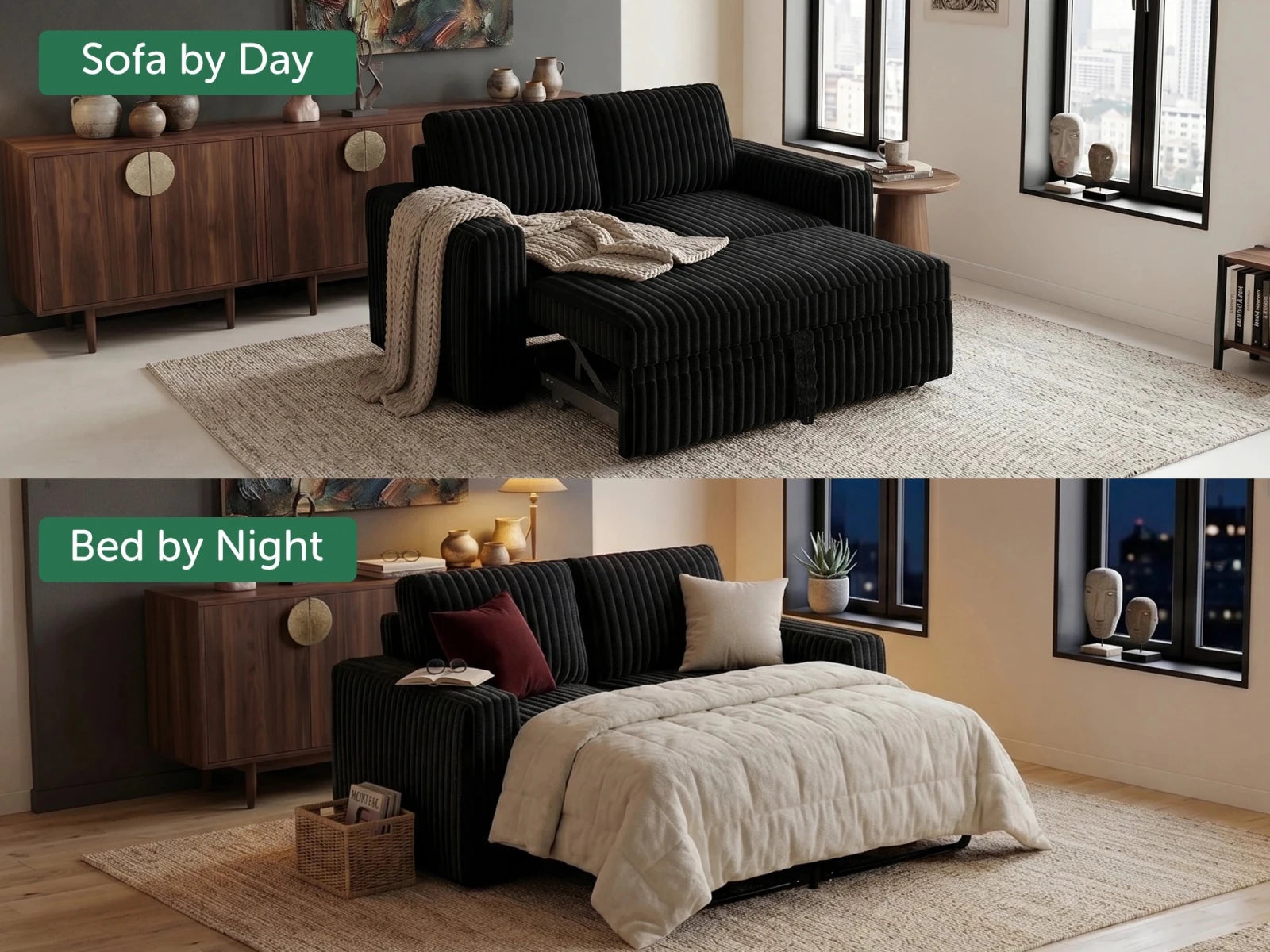 2-Piece Wide Plush Corduroy Modular Sleeper
 #Color_Black