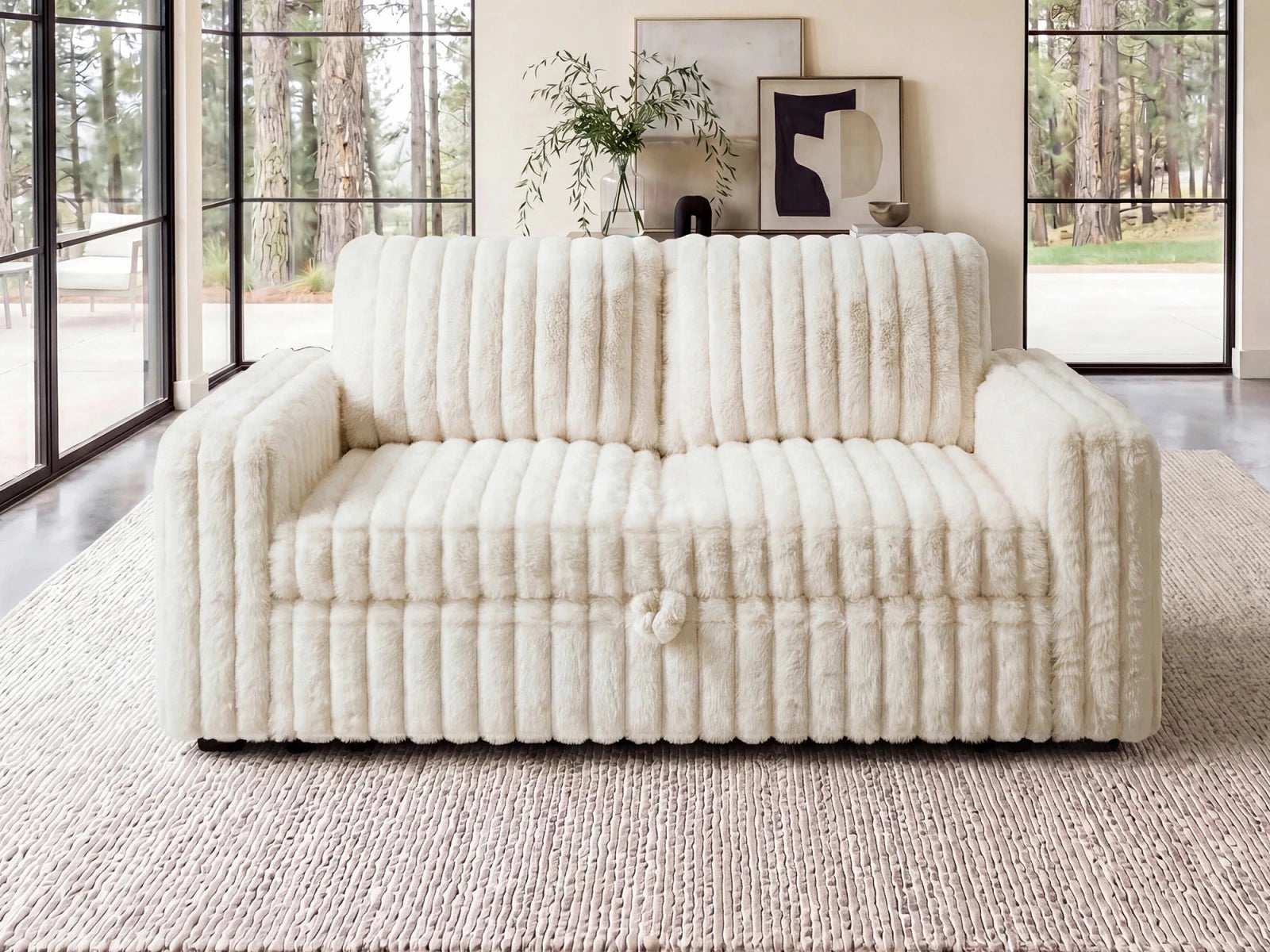 2-Piece Wide Plush Corduroy Modular Sleeper
 #Color_Faux Rabbit Fur Ivory