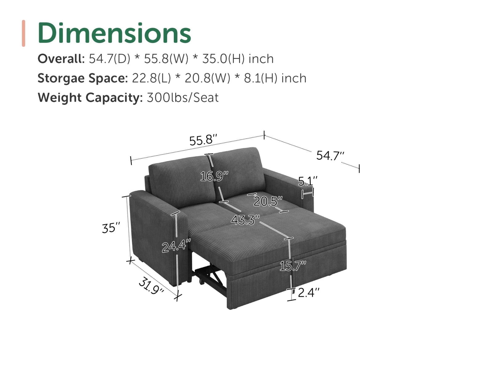 2-Piece Wide Plush Corduroy Modular Sleeper
 #Color_Corduroy Gray