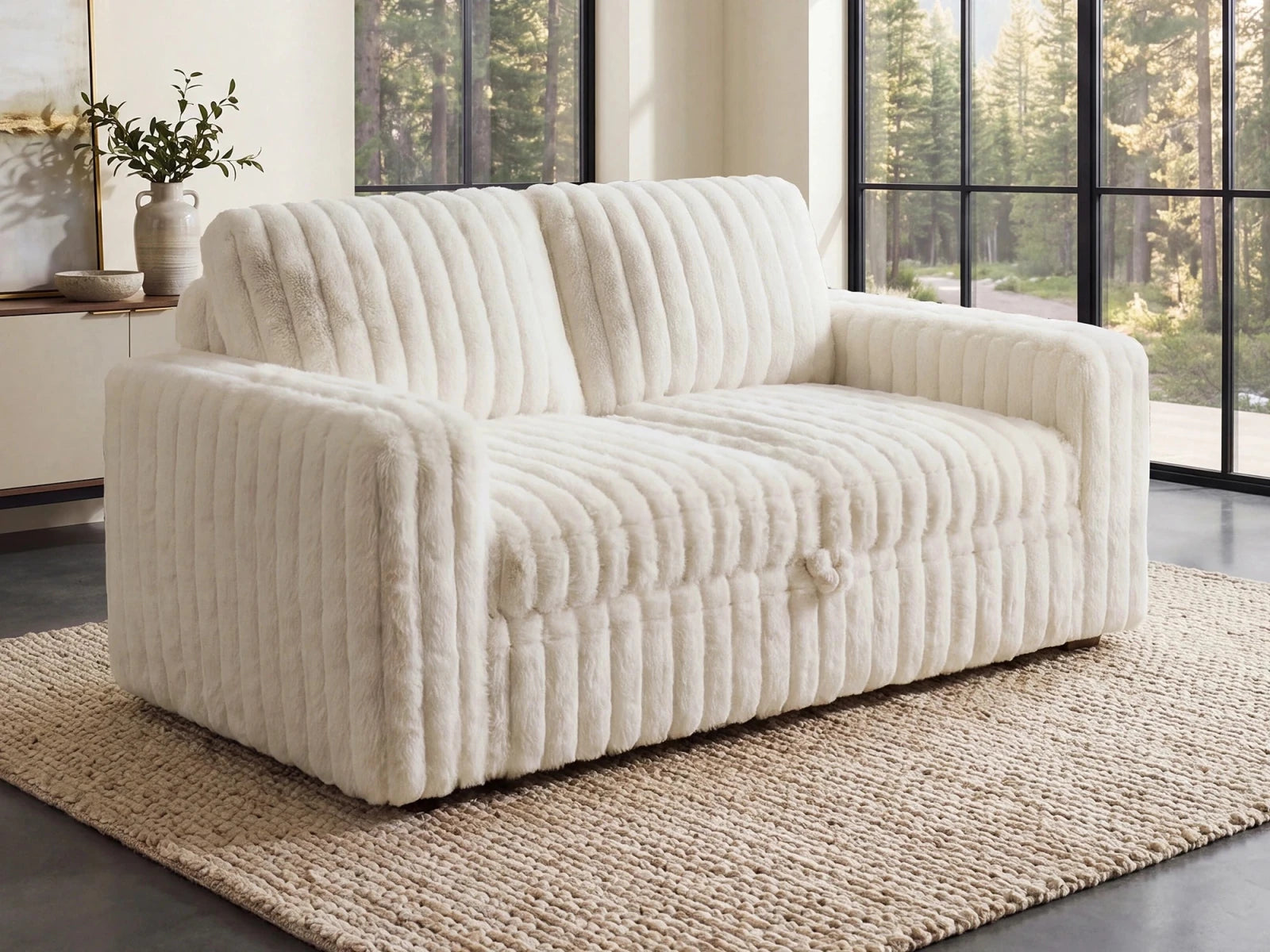 2-Piece Wide Plush Corduroy Modular Sleeper
 #Color_Faux Rabbit Fur Ivory