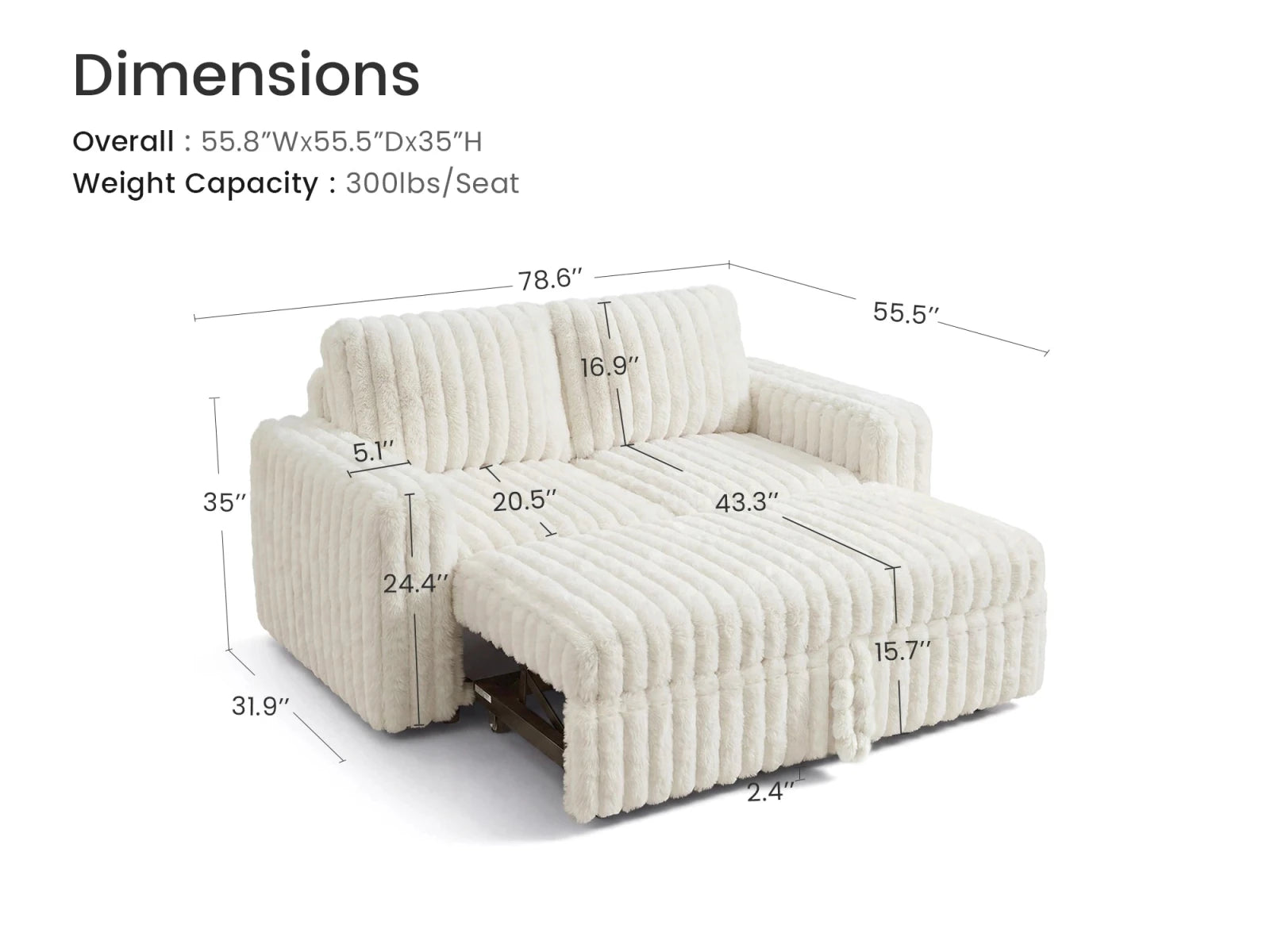 2-Piece Wide Plush Corduroy Modular Sleeper
 #Color_Faux Rabbit Fur Ivory