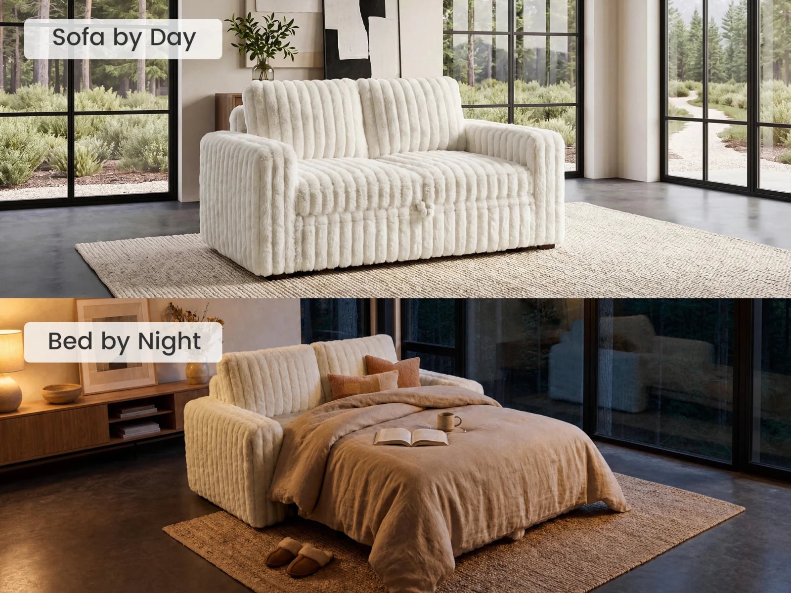 2-Piece Wide Plush Corduroy Modular Sleeper
 #Color_Faux Rabbit Fur Ivory