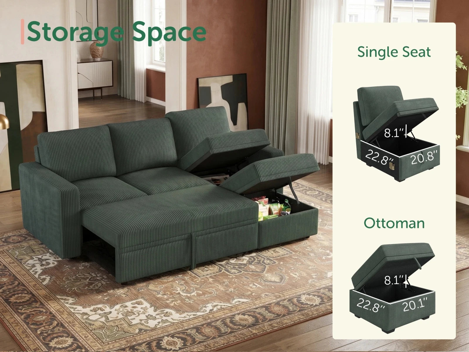 Molit 4-Piece Pull-Out Sectional
#Color_Corduroy Green