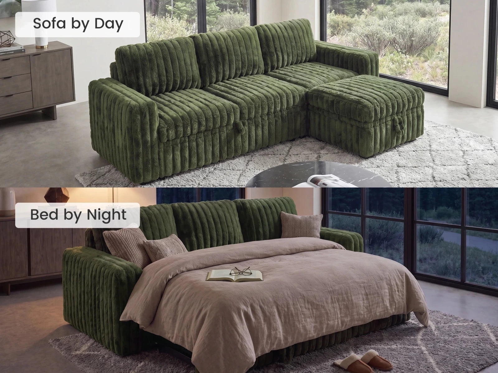 Molit 4-Piece Pull-Out Sectional
 #Color_Faux Rabbit Fur Green