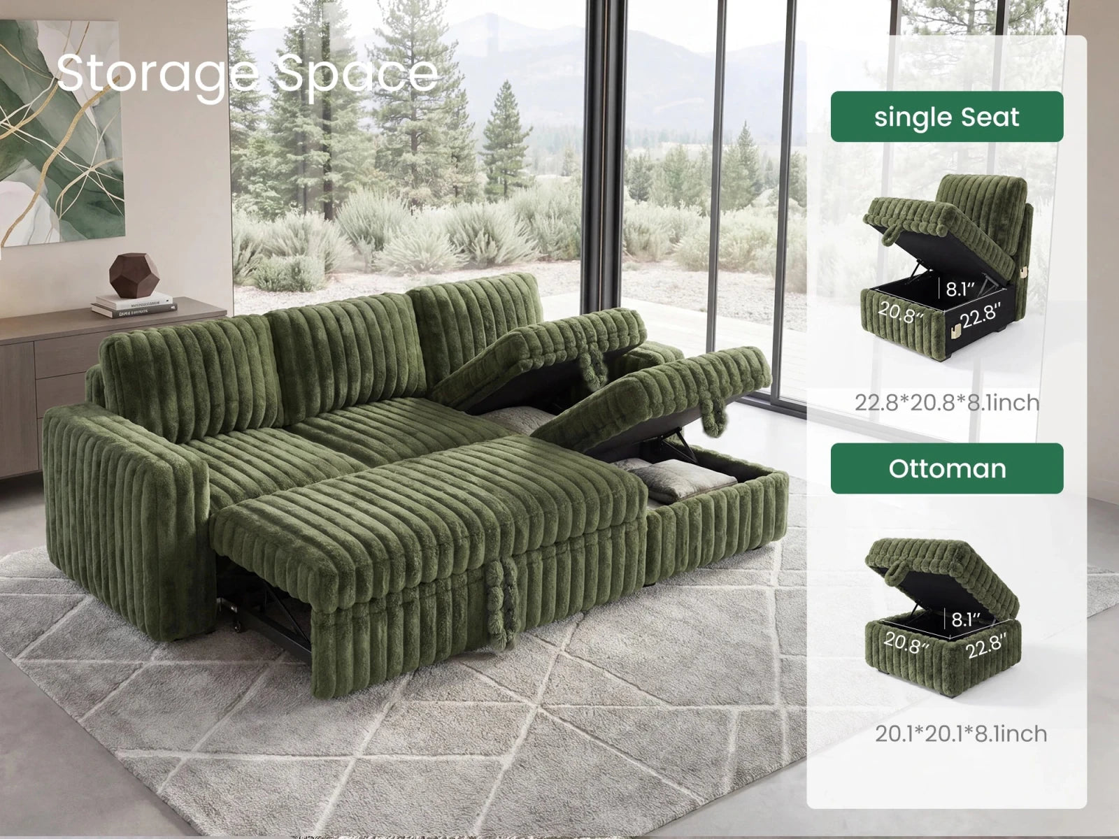 Molit 4-Piece Pull-Out Sectional
 #Color_Faux Rabbit Fur Green