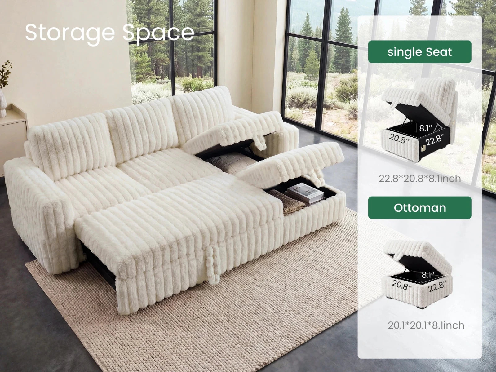 Molit 4-Piece Pull-Out Sectional
  #Color_Faux Rabbit Fur Ivory