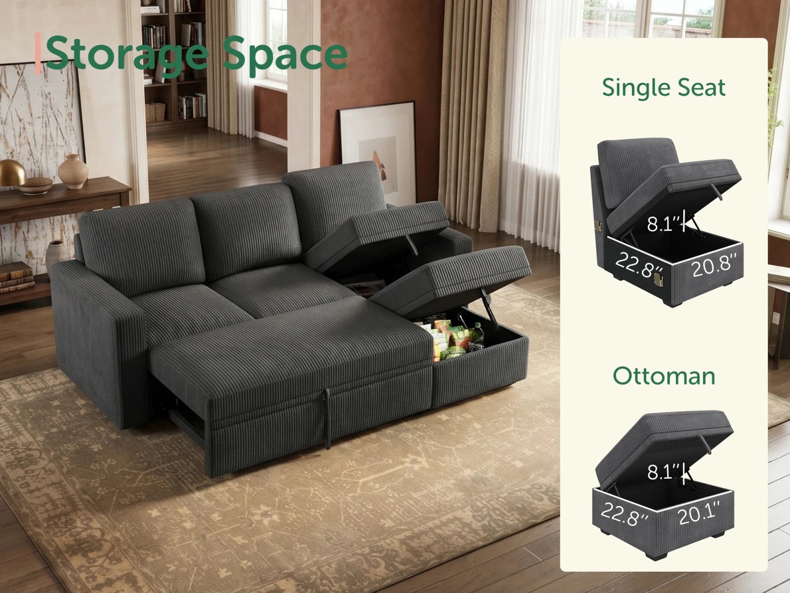 Molit 4-Piece Pull-Out Sectional
#Color_Corduroy Gray