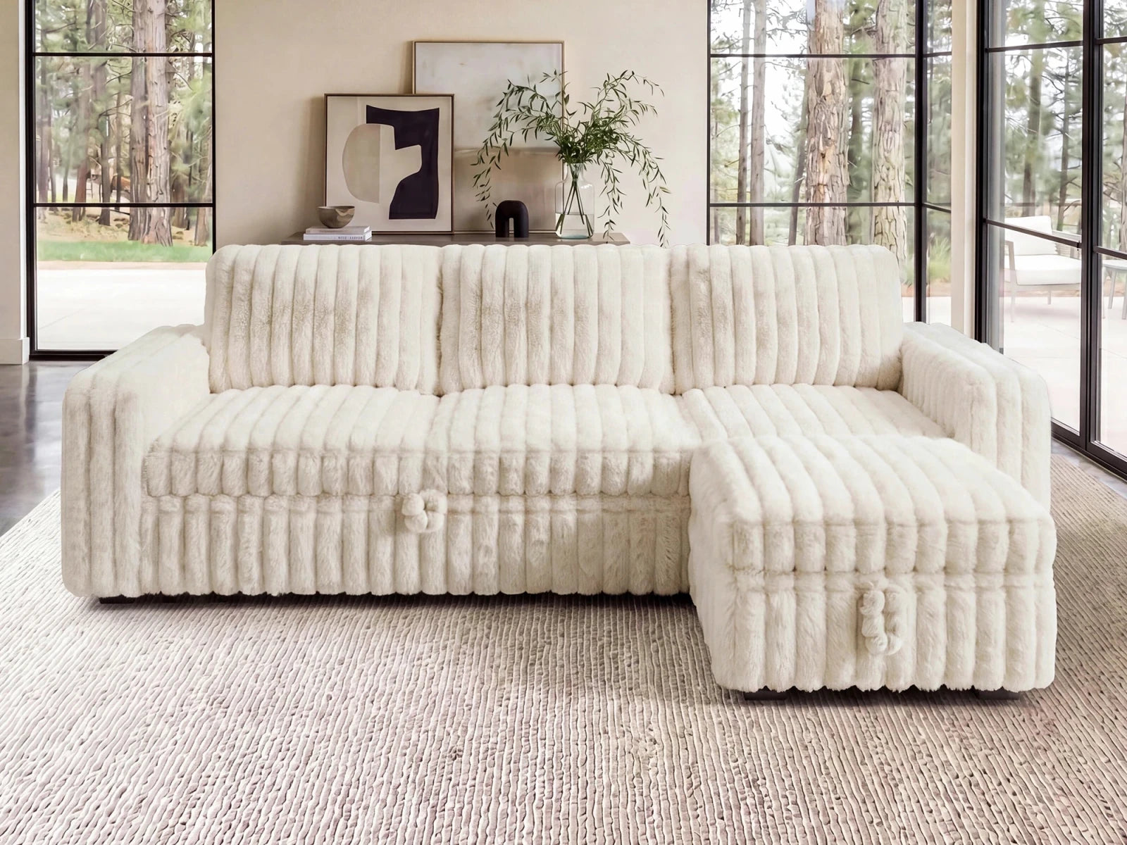 Molit 4-Piece Pull-Out Sectional
  #Color_Faux Rabbit Fur Ivory
