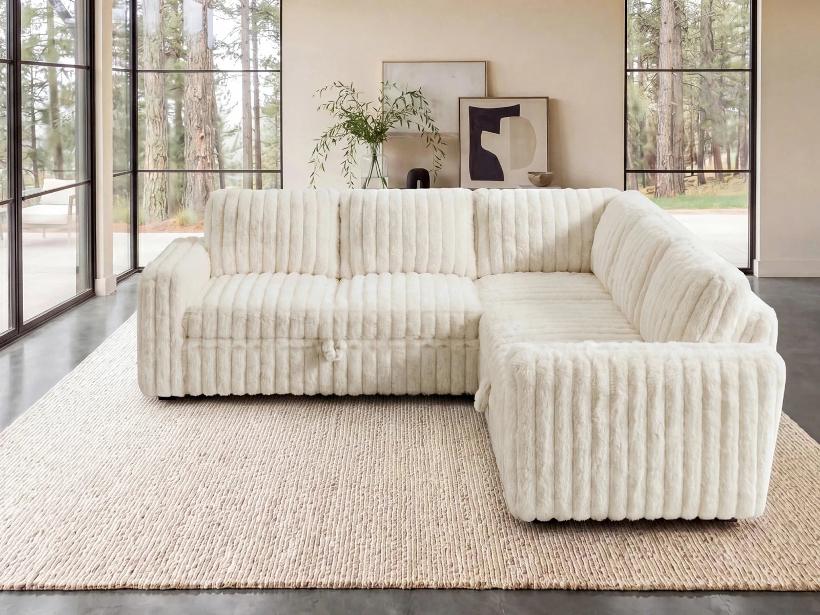 Molit 5-Piece Pull-Out Sectional
 #Color_Faux Rabbit Fur Ivory