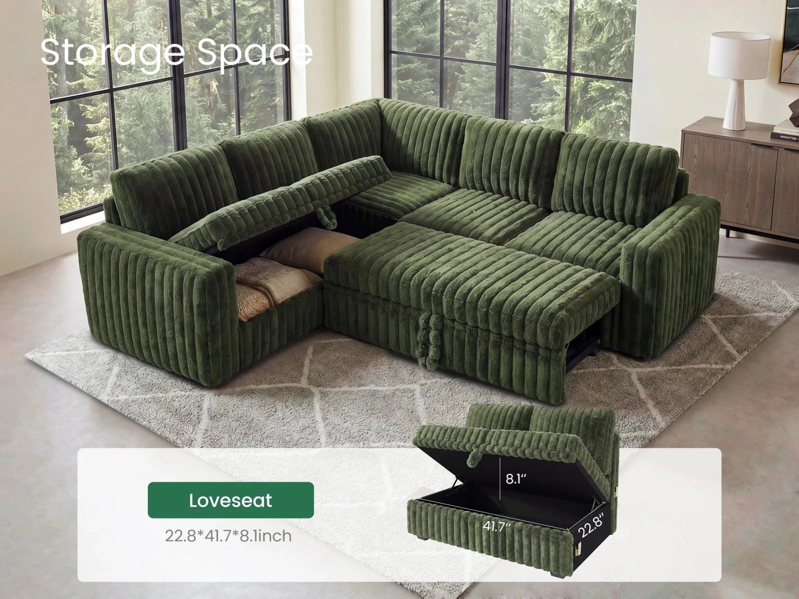 Molit 5-Piece Pull-Out Sectional
 #Color_Faux Rabbit Fur Green