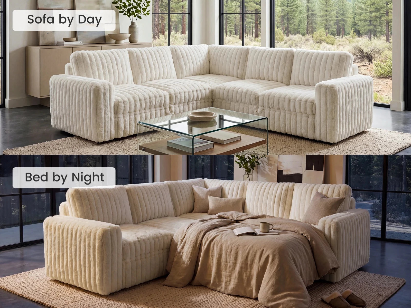 Molit 5-Piece Pull-Out Sectional
 #Color_Faux Rabbit Fur Ivory