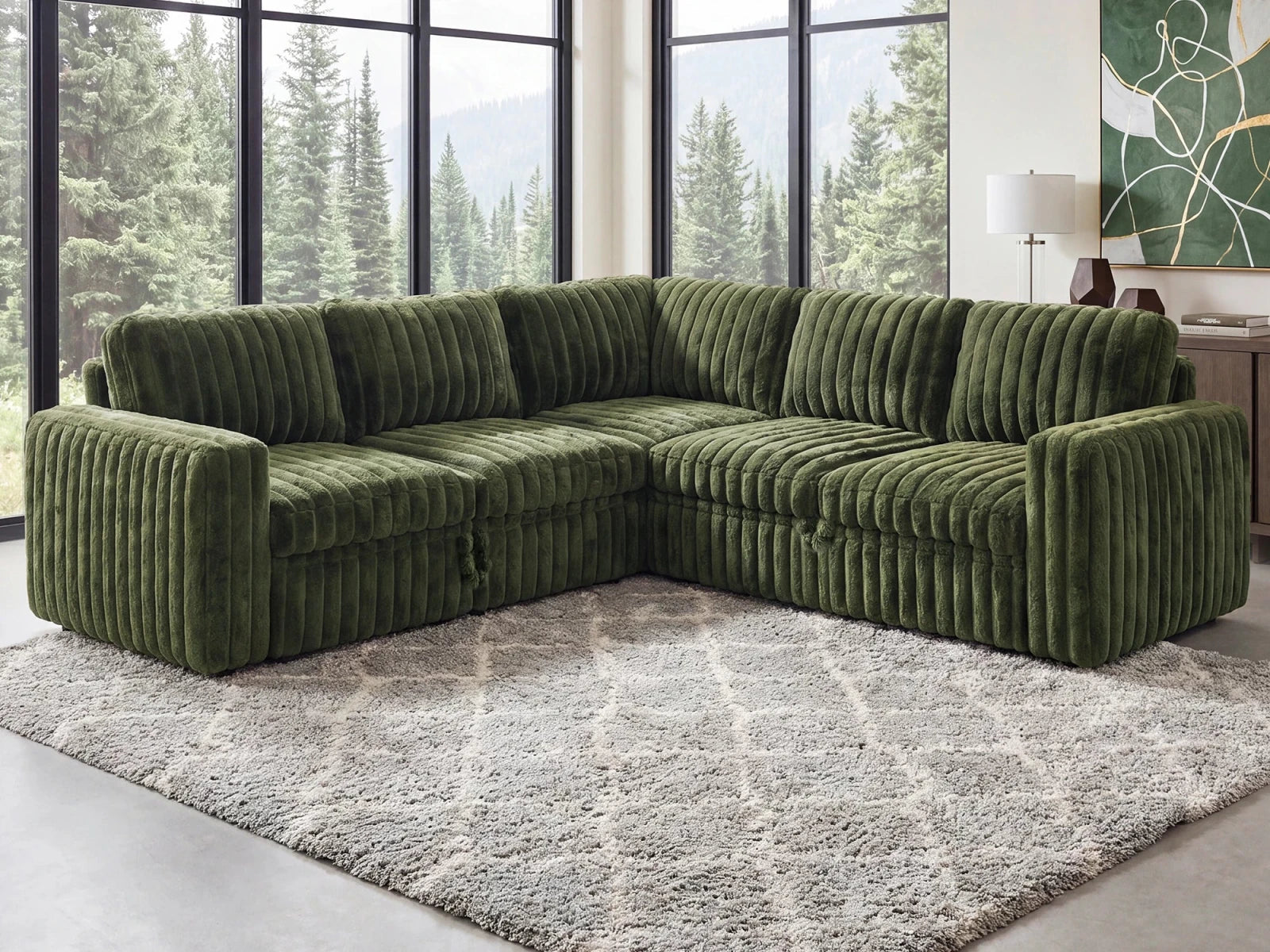 Molit 5-Piece Pull-Out Sectional
 #Color_Faux Rabbit Fur Green