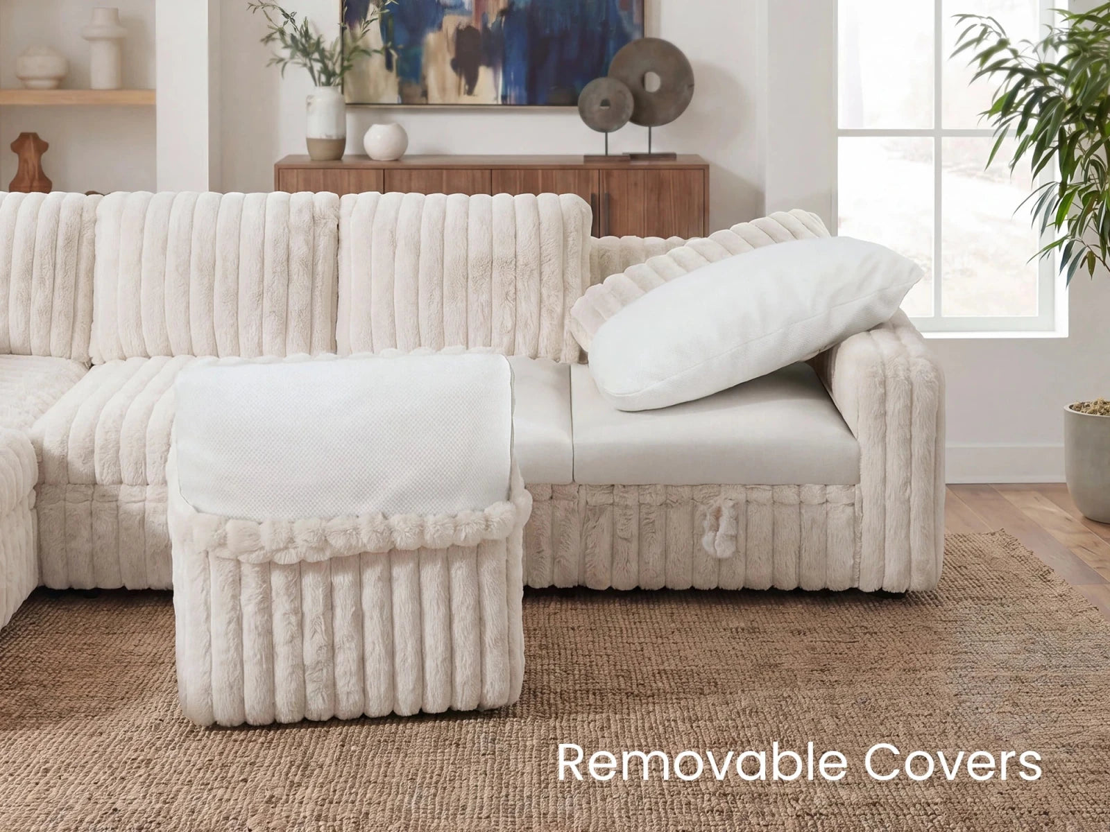 Molit 5-Piece Pull-Out Sectional
 #Color_Faux Rabbit Fur Ivory