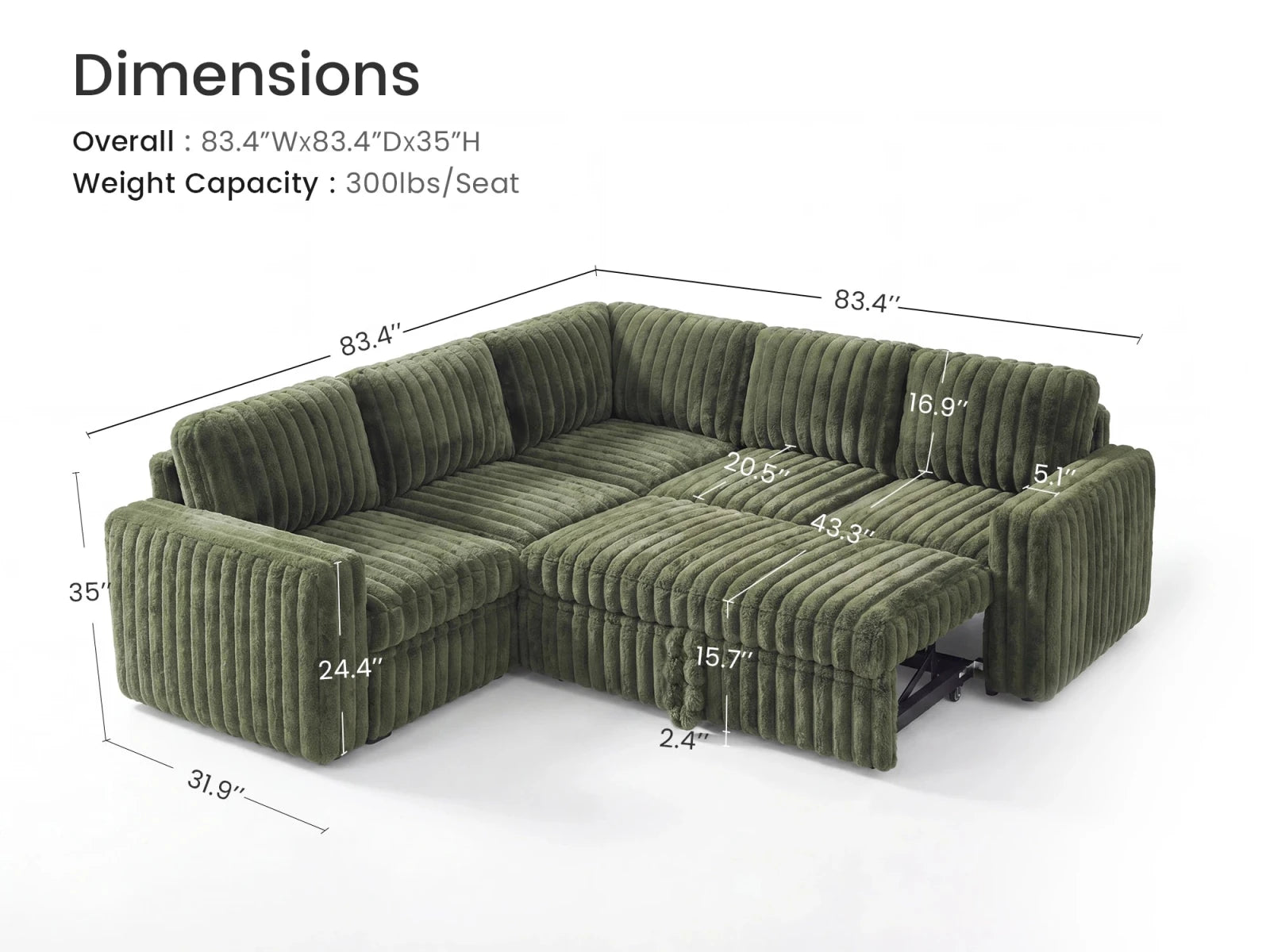 Molit 5-Piece Pull-Out Sectional
 #Color_Faux Rabbit Fur Green