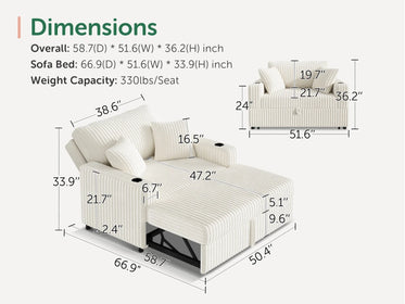 Wide Plush Corduroy Pull-out Sleeper Loveseat 
#Color_Corduroy White