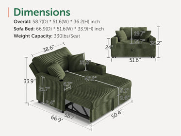 Wide Plush Corduroy Pull-out Sleeper Loveseat 
#Color_Corduroy Green