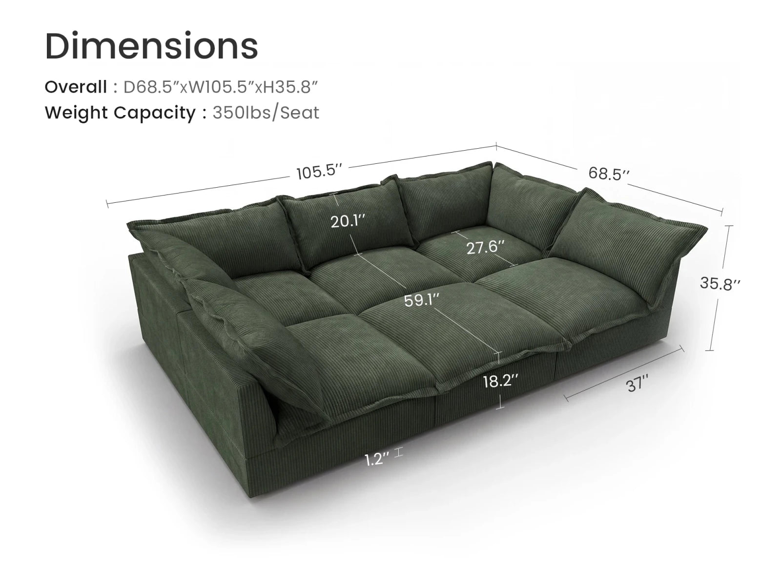 Vora 6-piece Cloud Modular Sleeper Sectional Sofa
#Color_ Green