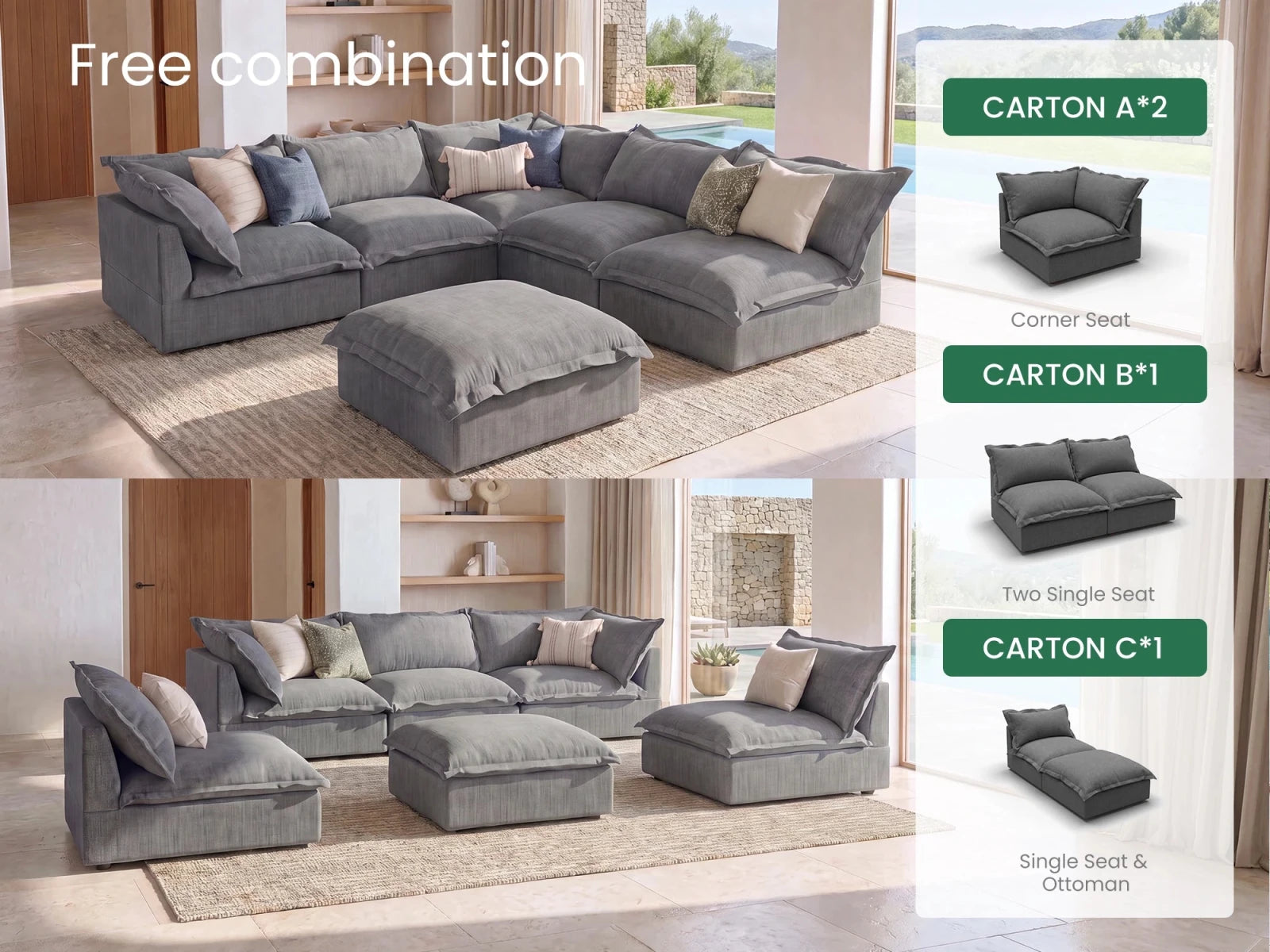 Vora 6-piece Cloud Modular Sleeper Sectional Sofa
#Color_ Gray