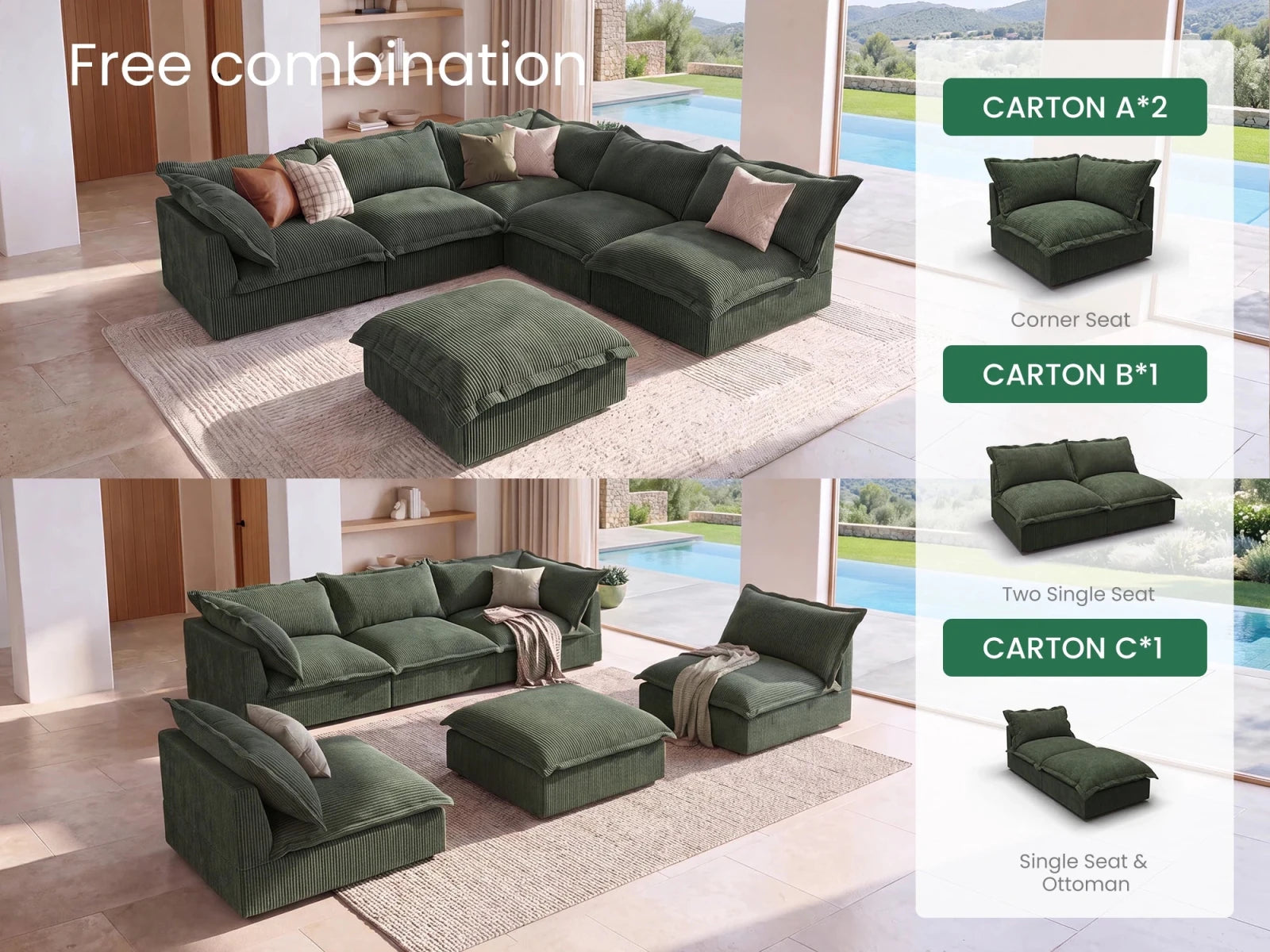 Vora 6-piece Cloud Modular Sleeper Sectional Sofa
#Color_ Green