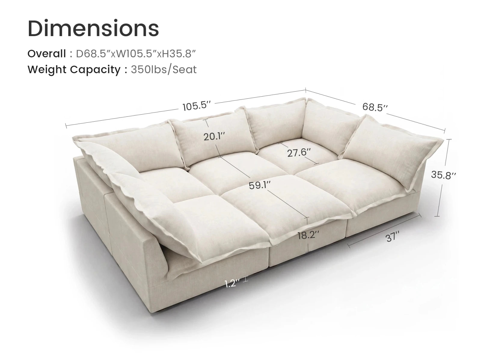 Vora 6-piece Cloud Modular Sleeper Sectional Sofa
#Color_ Beige