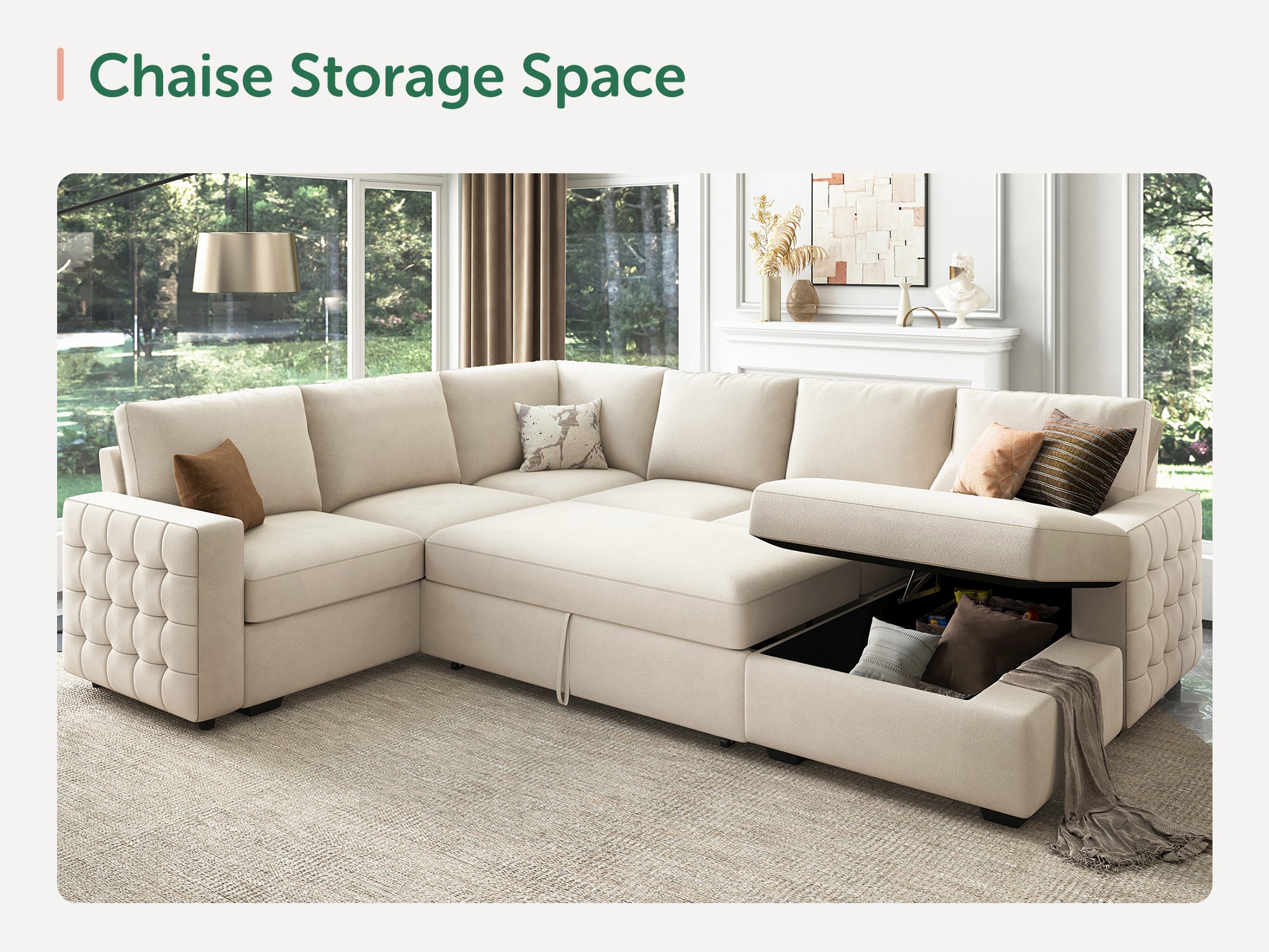 HONBAY 6-Piece Velvet Sleeper Sectional With Storage Space #Color_Beige