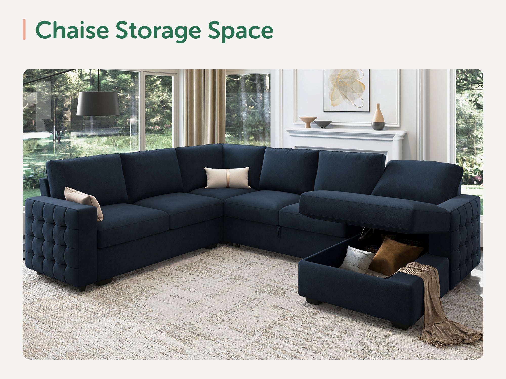 HONBAY 6-Piece Velvet Sleeper Sectional With Storage Space #Color_Dark Blue