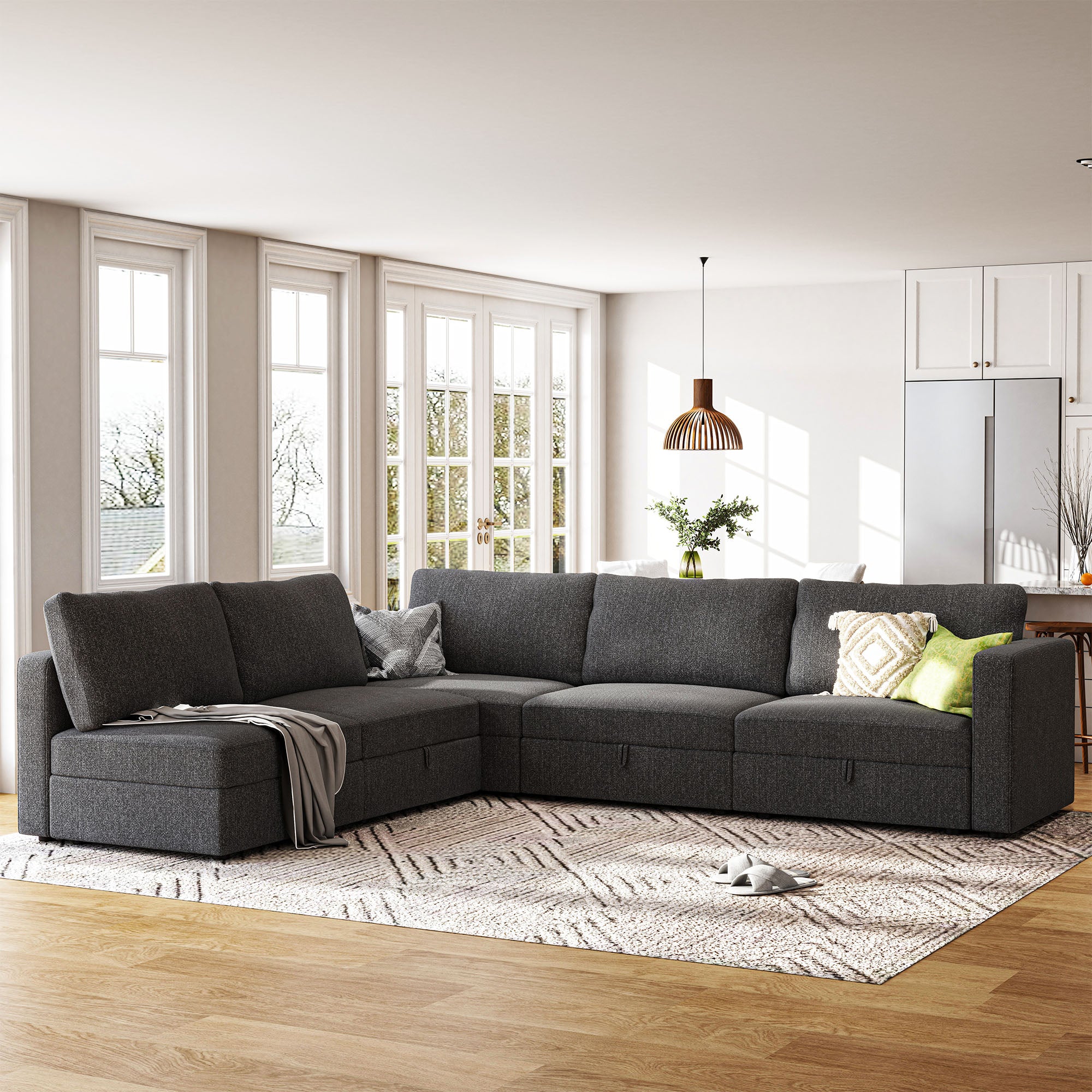 HONBAY Polyester Storage Seat Modular Sectional Sofa in Dark Grey
