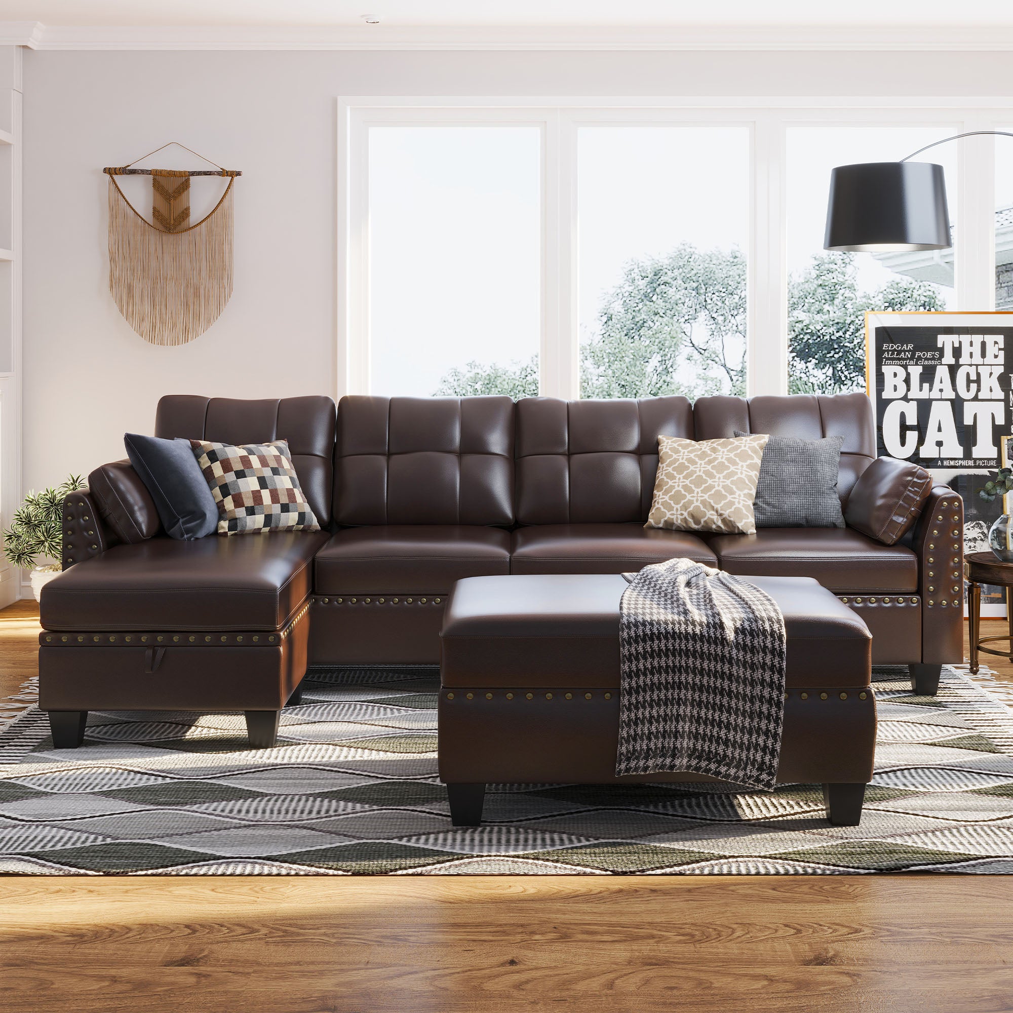 HONBAY Brown Faux Leather 4-Seater L Shape Sectional Sofa 