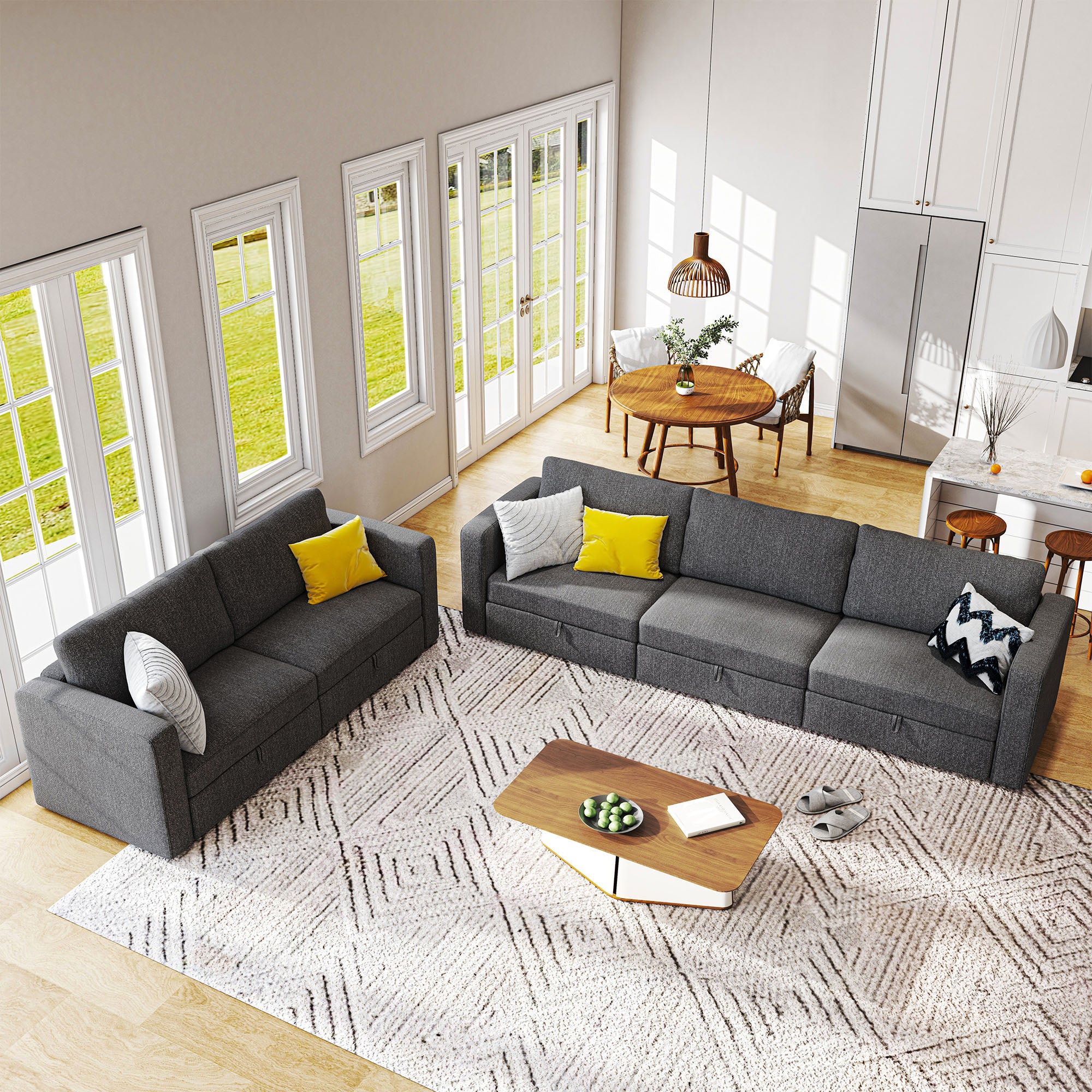 HONBAY Dark Grey Polyester Modular 2+3 Living Room Sofa Set wit Storage Space
