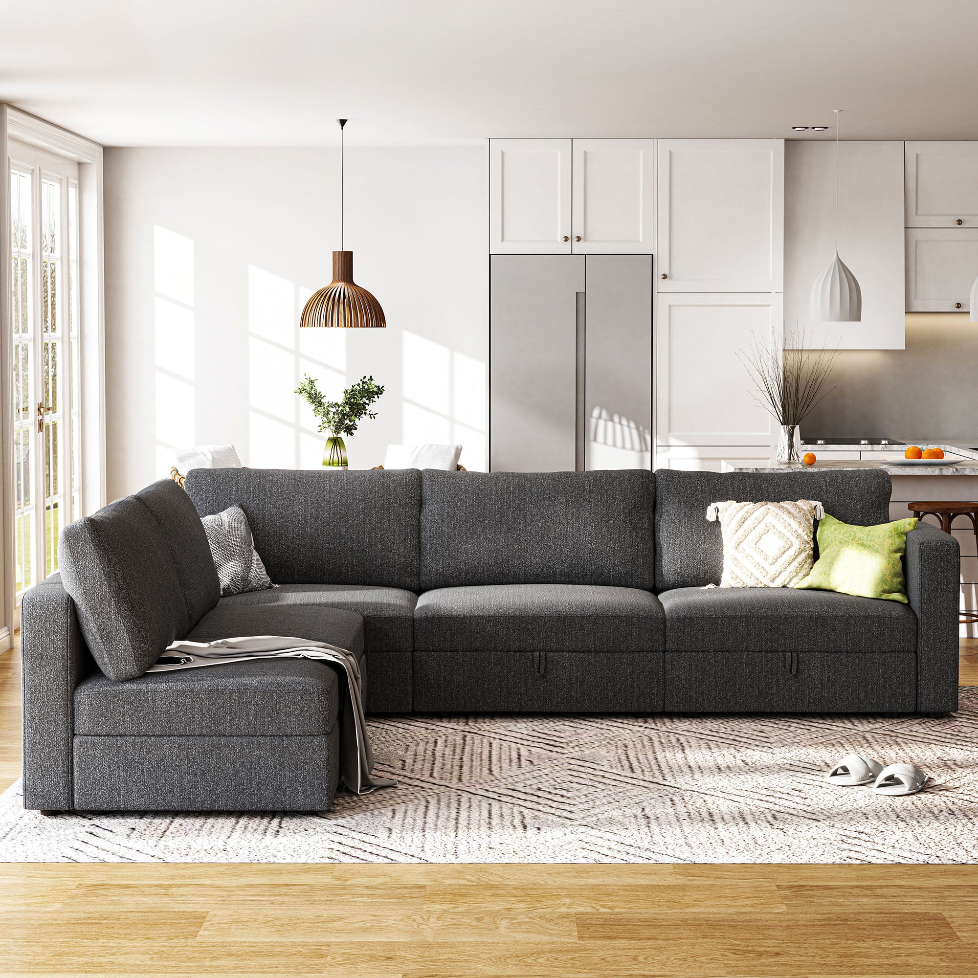HONBAY Dark Grey Fabric Comfortable Widened Seat Modular Sectional Sofa for Living Room