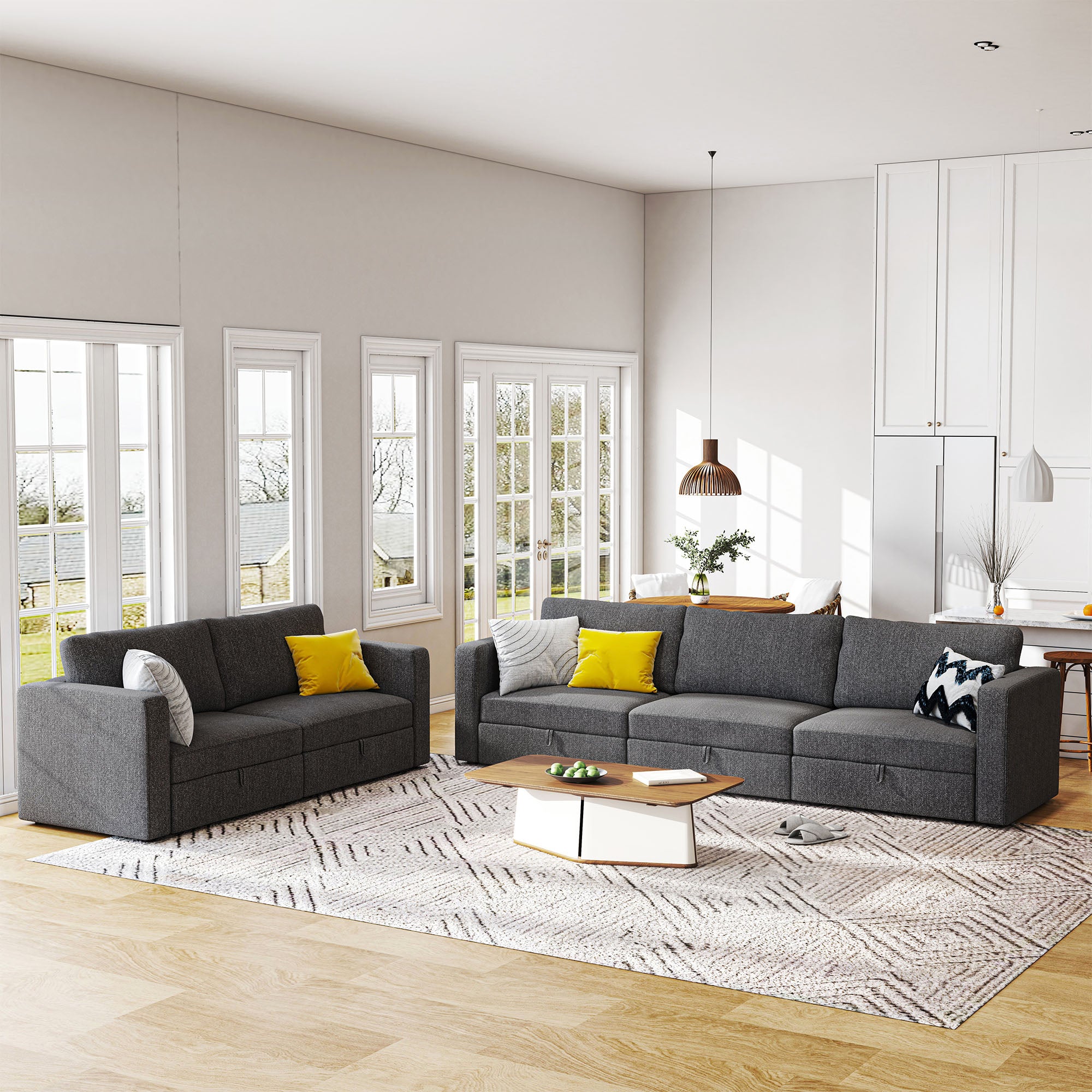 HONBAY Dark Grey Fabric Customized Modular 2+3 Sofa Set for Living Room