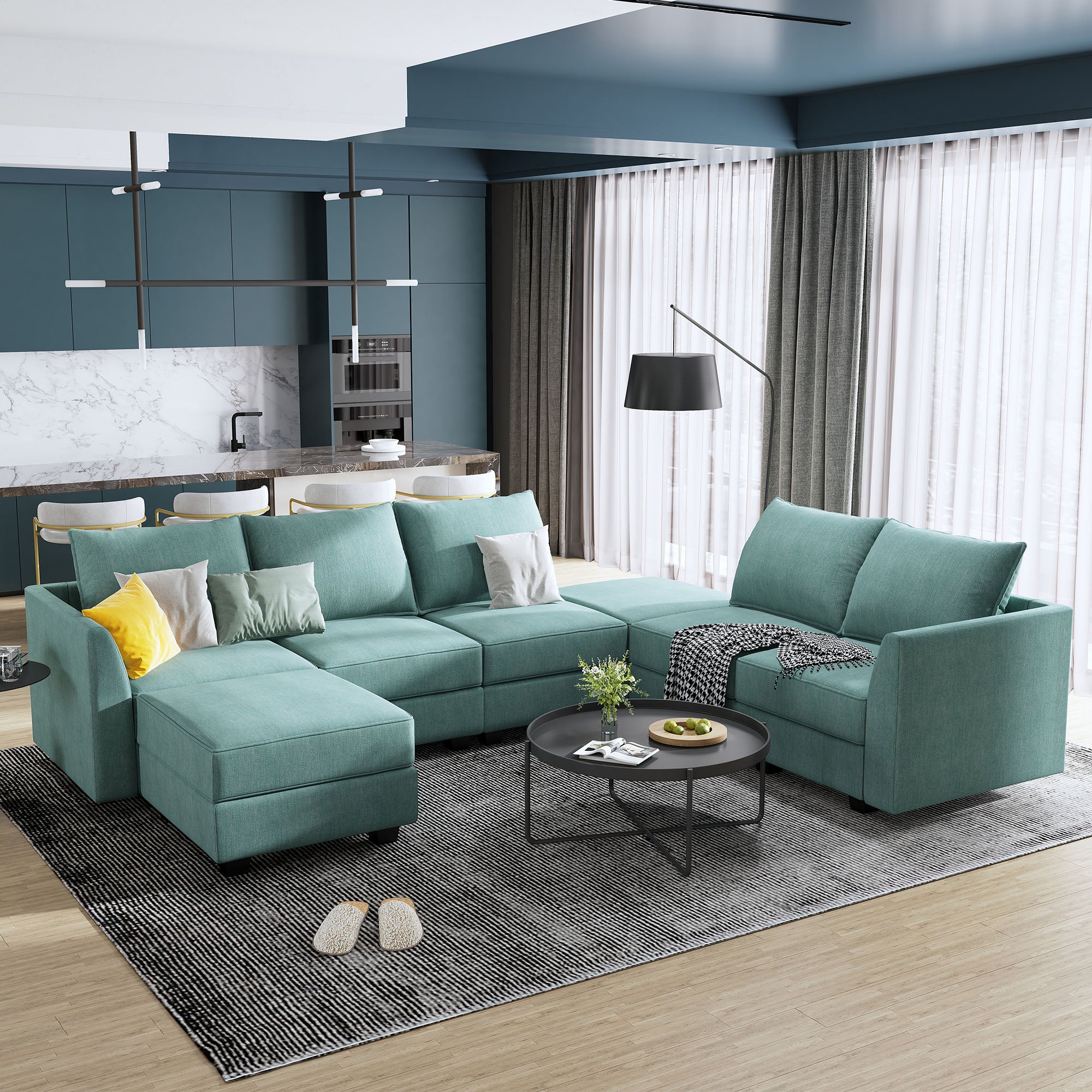 HONBAY Aqua Blue Convertible Modular Sectional Couch with Storage Space