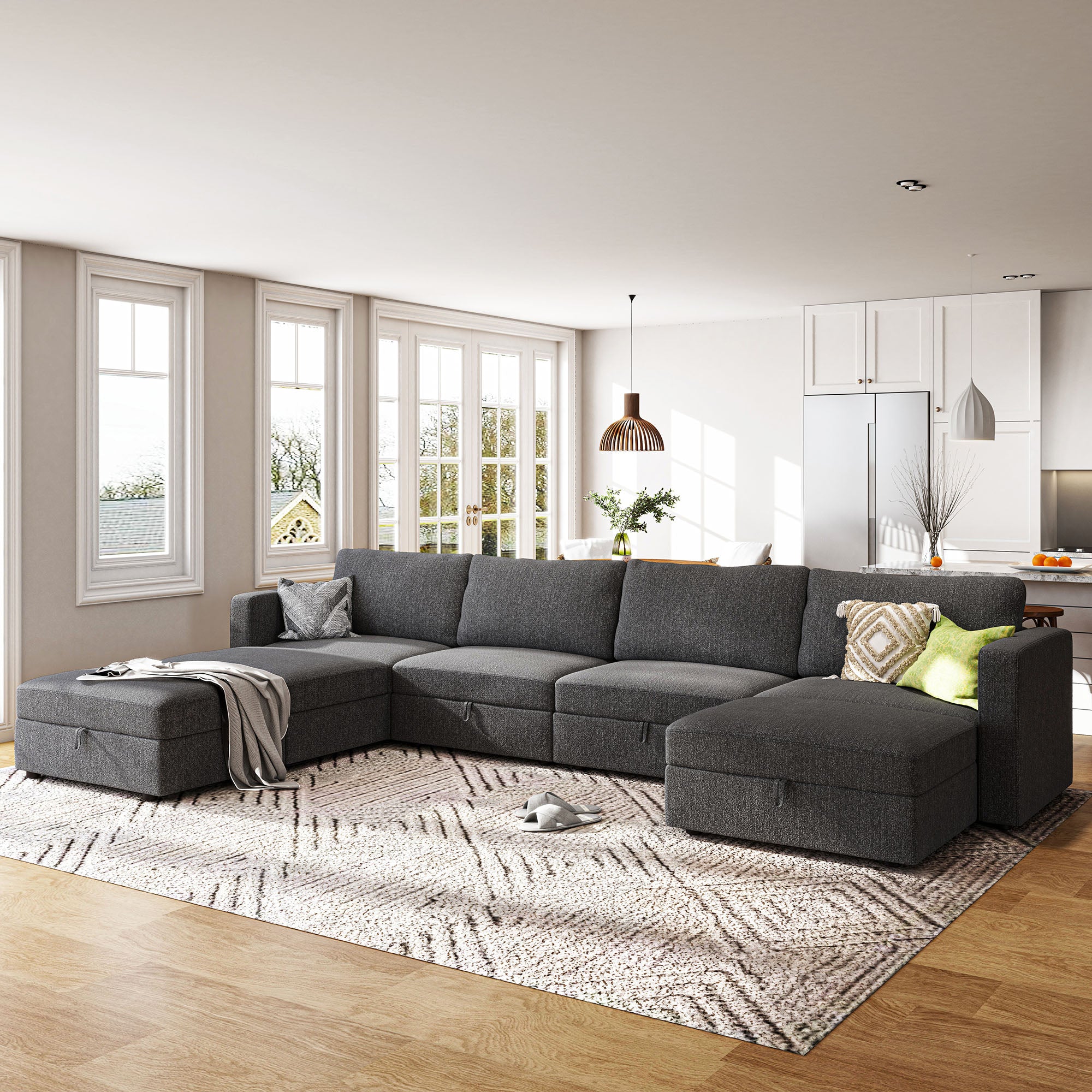 HONBAY Polyester Comfortable Widened Seat Modular Sectional Sofa in Dark Grey