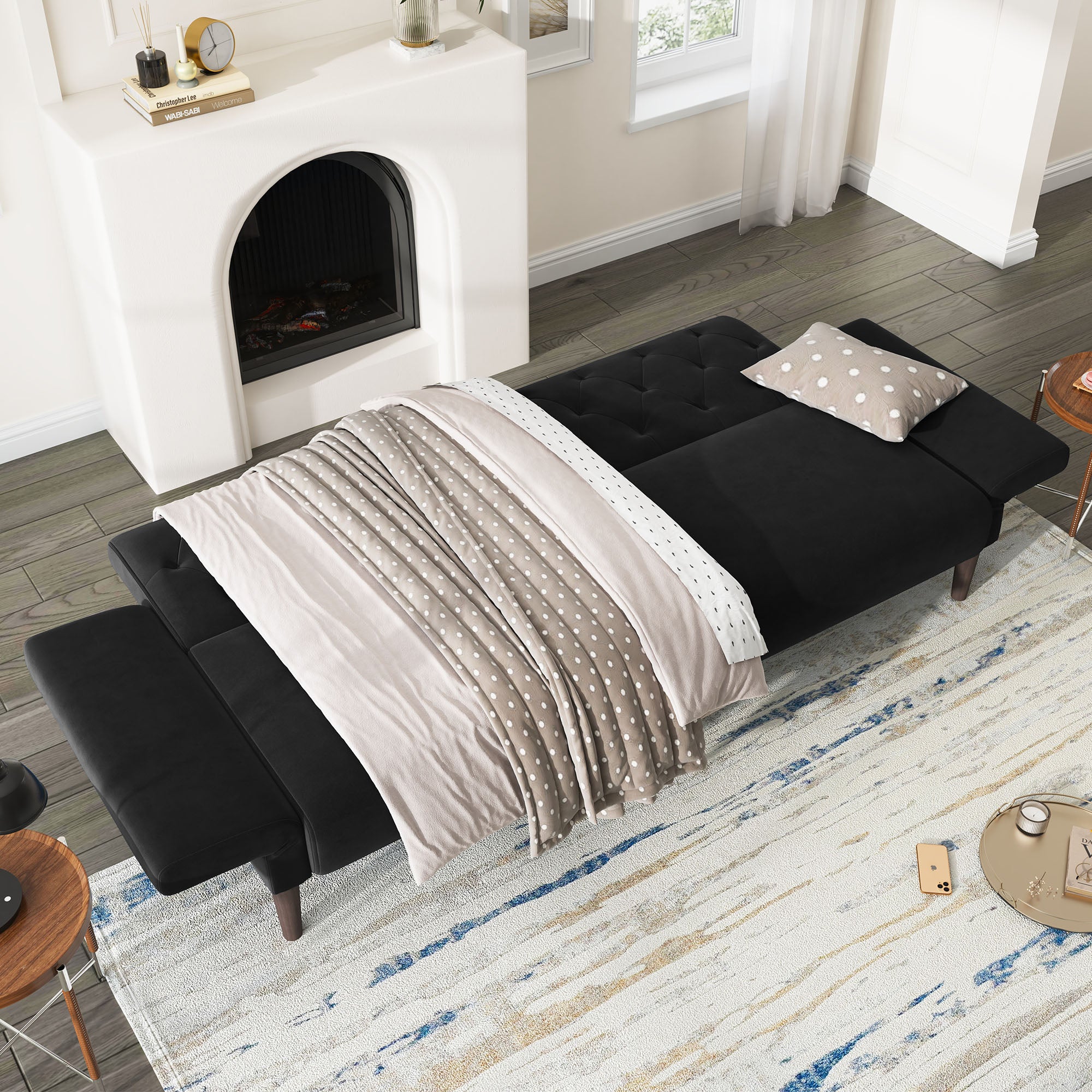 HONBAY Black  Velvet Convertible Futon Sleeper Sofa Bed for Apartment
