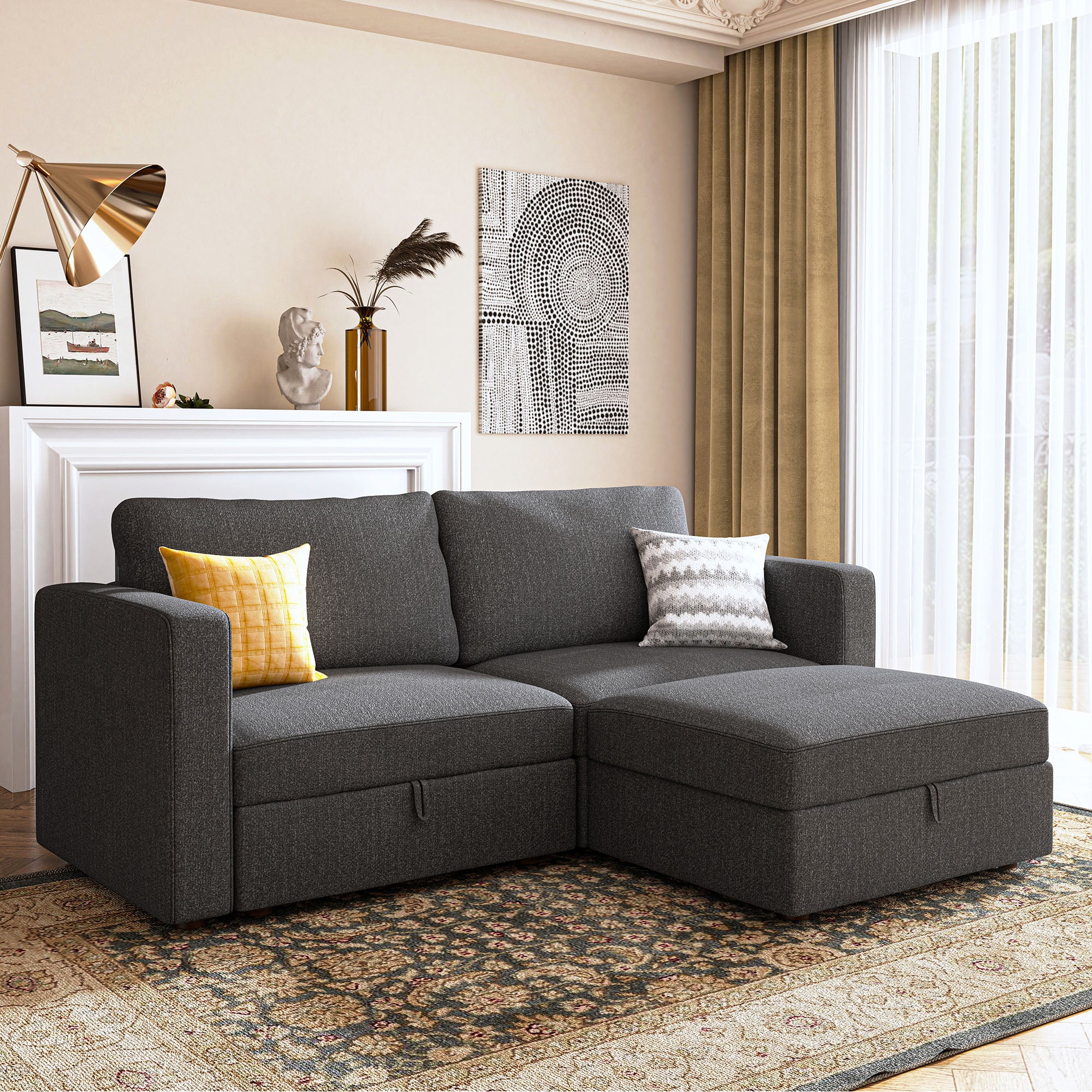 HONBAY Dark Grey Fabric L-shaped 2 Seaters Storage Modular Sectional Sofa for Living Room