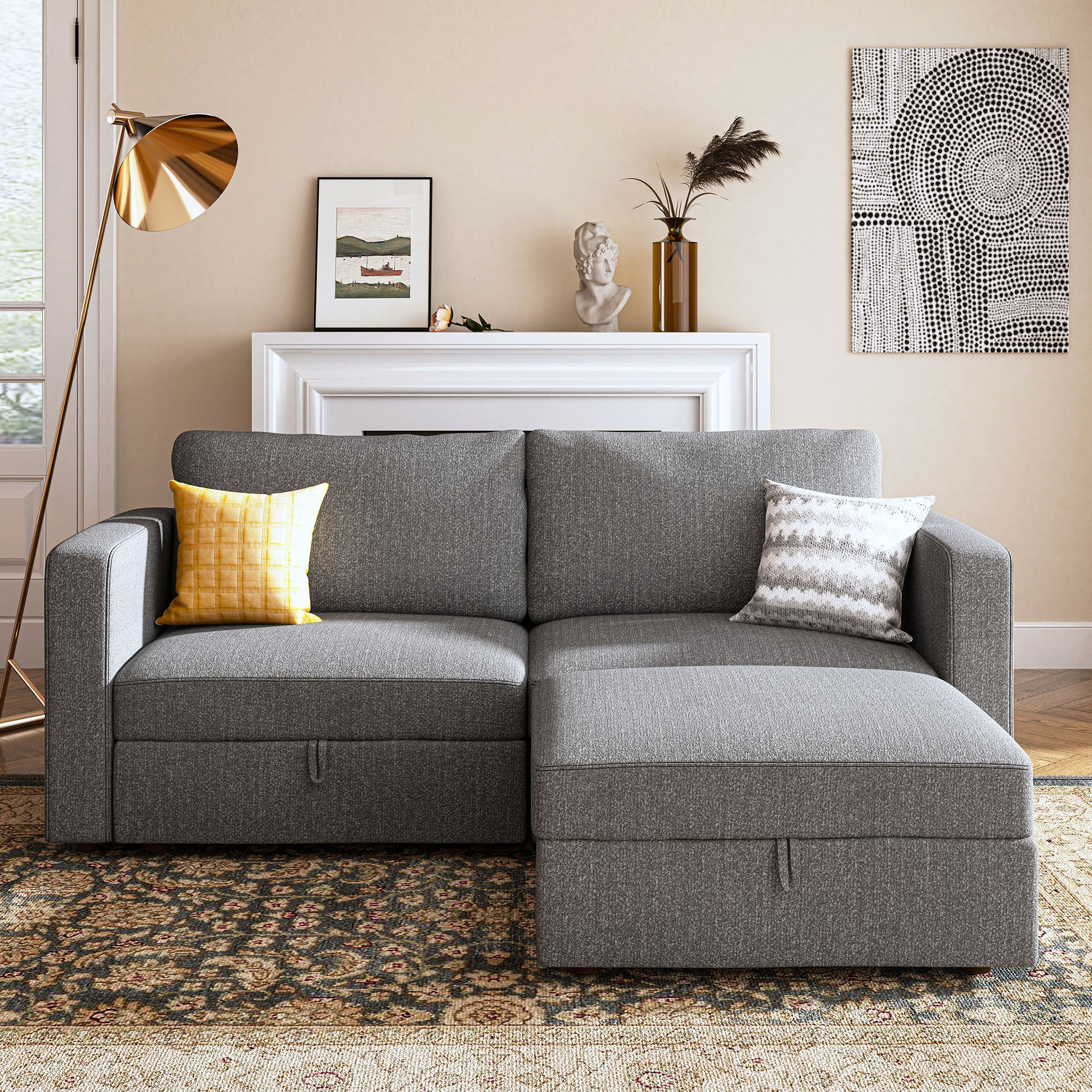 HONBAY Polyester Linen Grey L-shaped 2 Seaters Modular Sectional Sofa for Living Room