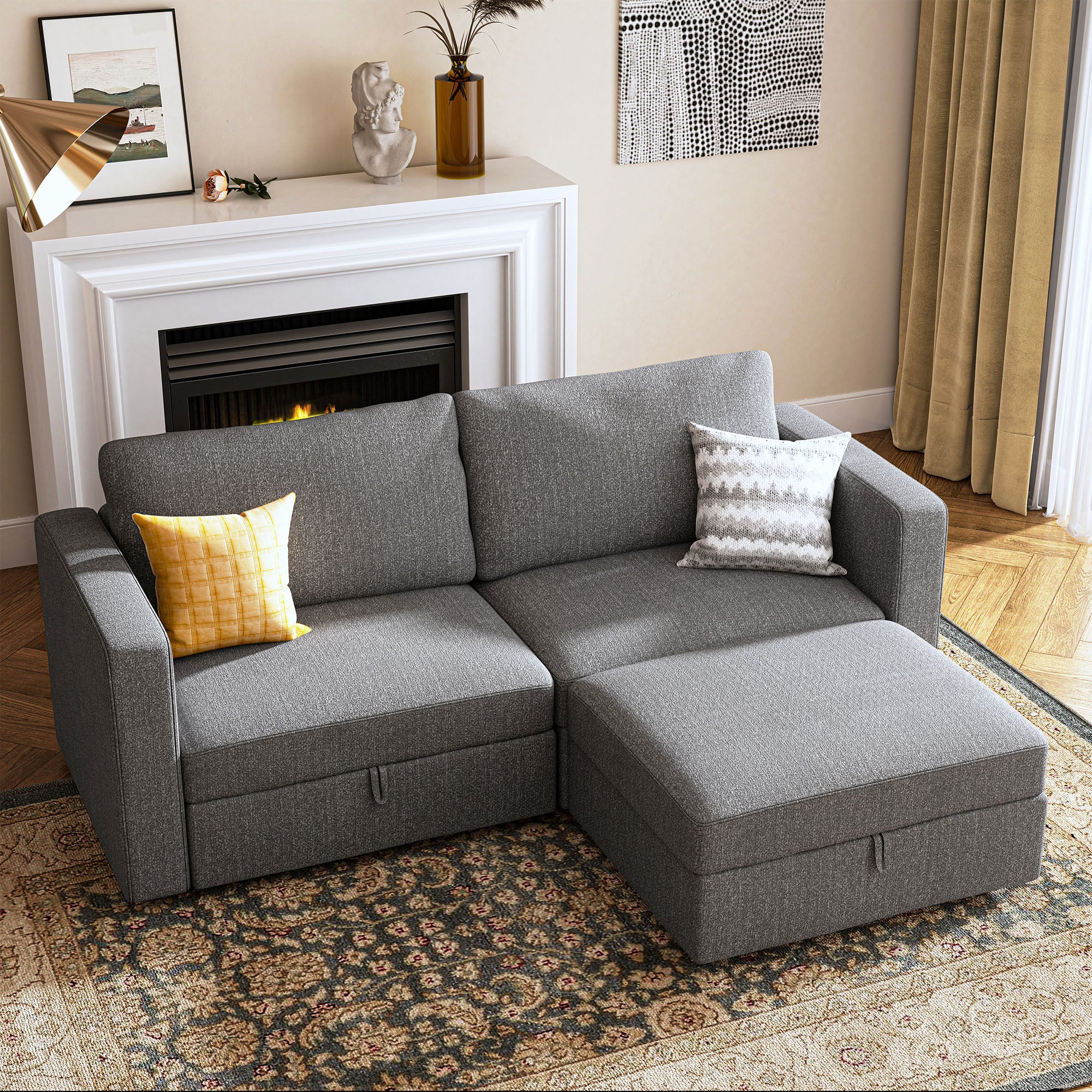 HONBAY Fabric Linen Grey Modular Loveseat Sofa with Reversible Storage Ottoman for Living Room