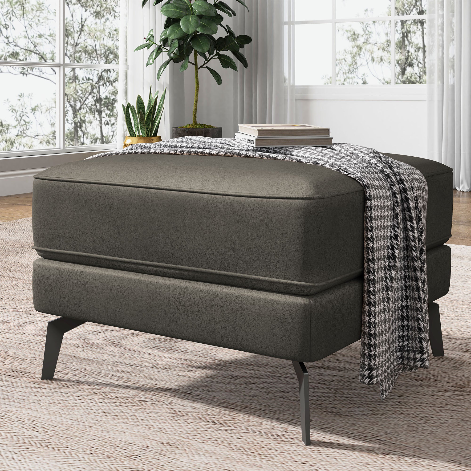 NOLANY Dark Grey Air Leathaer Square Footstool for Living Room