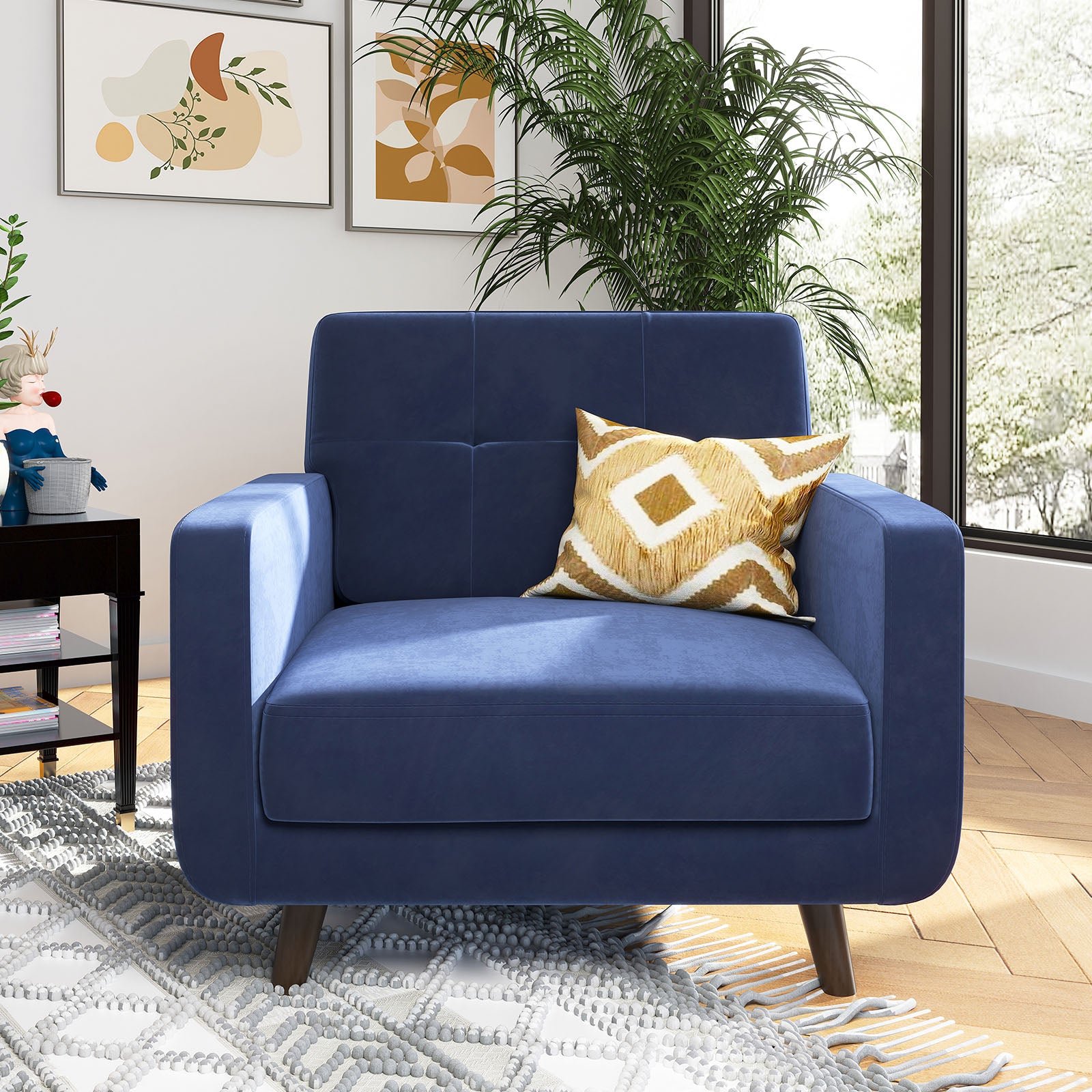 HONBAY Dark Blue Modern Velvet Single Sofa Accent Chair