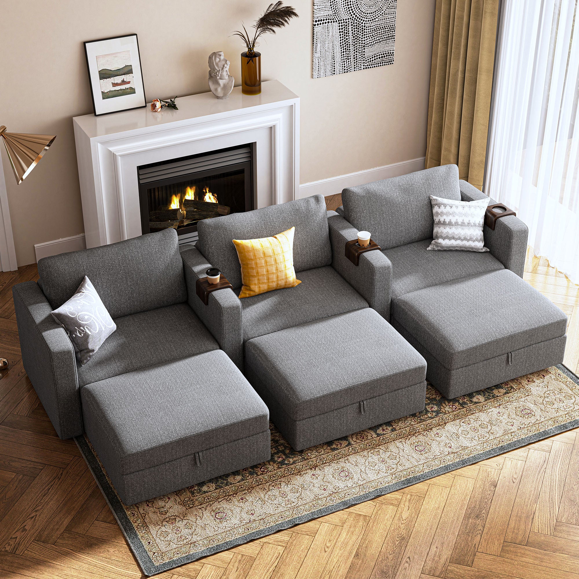 HONBAY Fabric Linen Grey Spacious Modular Sofa Set Armchair Chaise Lounge for Living Room
